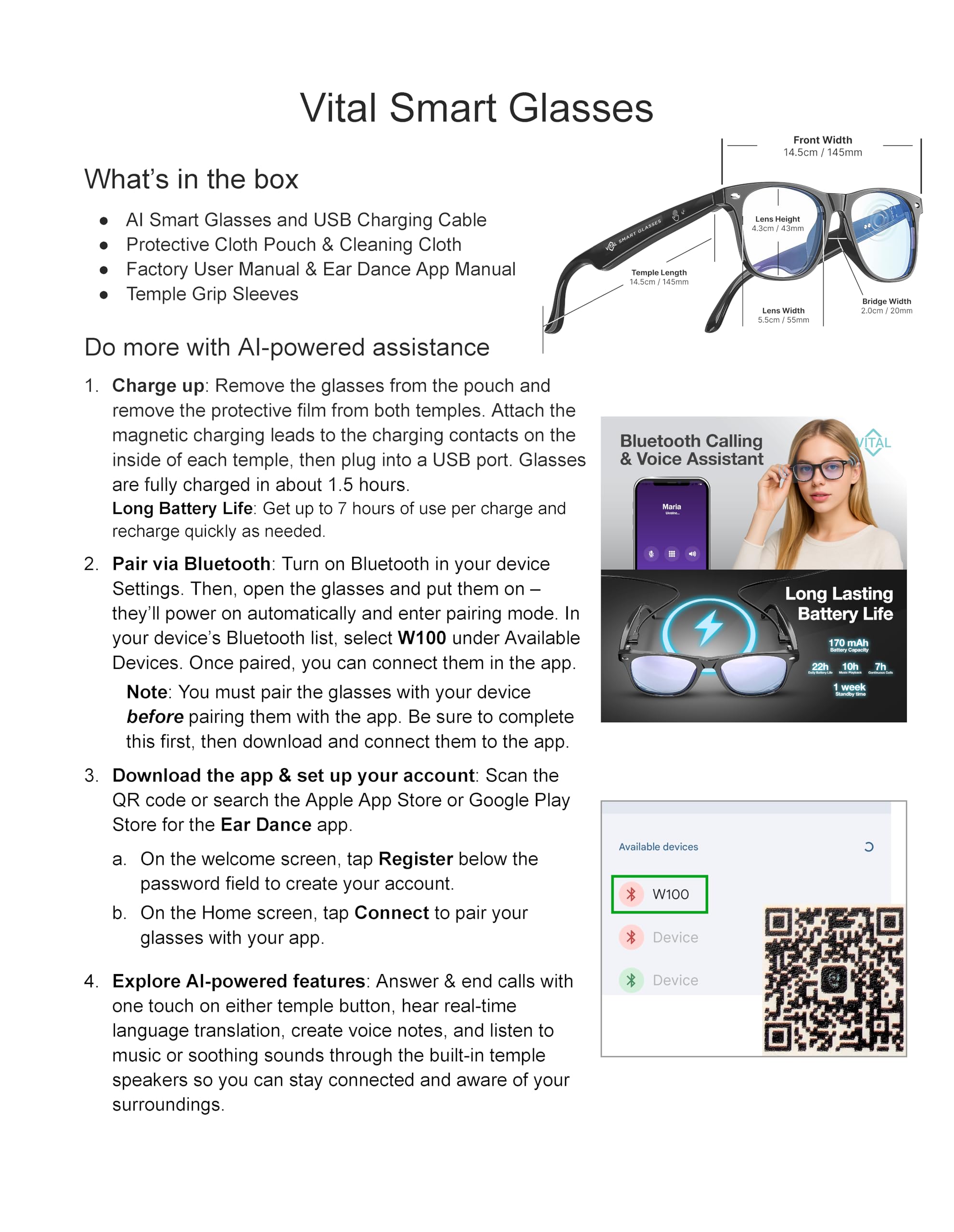 Vital - Gafas inteligentes para hombre, traducción de IA, audio Bluetooth 5.3 de oído abierto, traductor de 130 idiomas, gafas inteligentes vitales para mujeres, UV400, bloqueador de luz azul, gafas