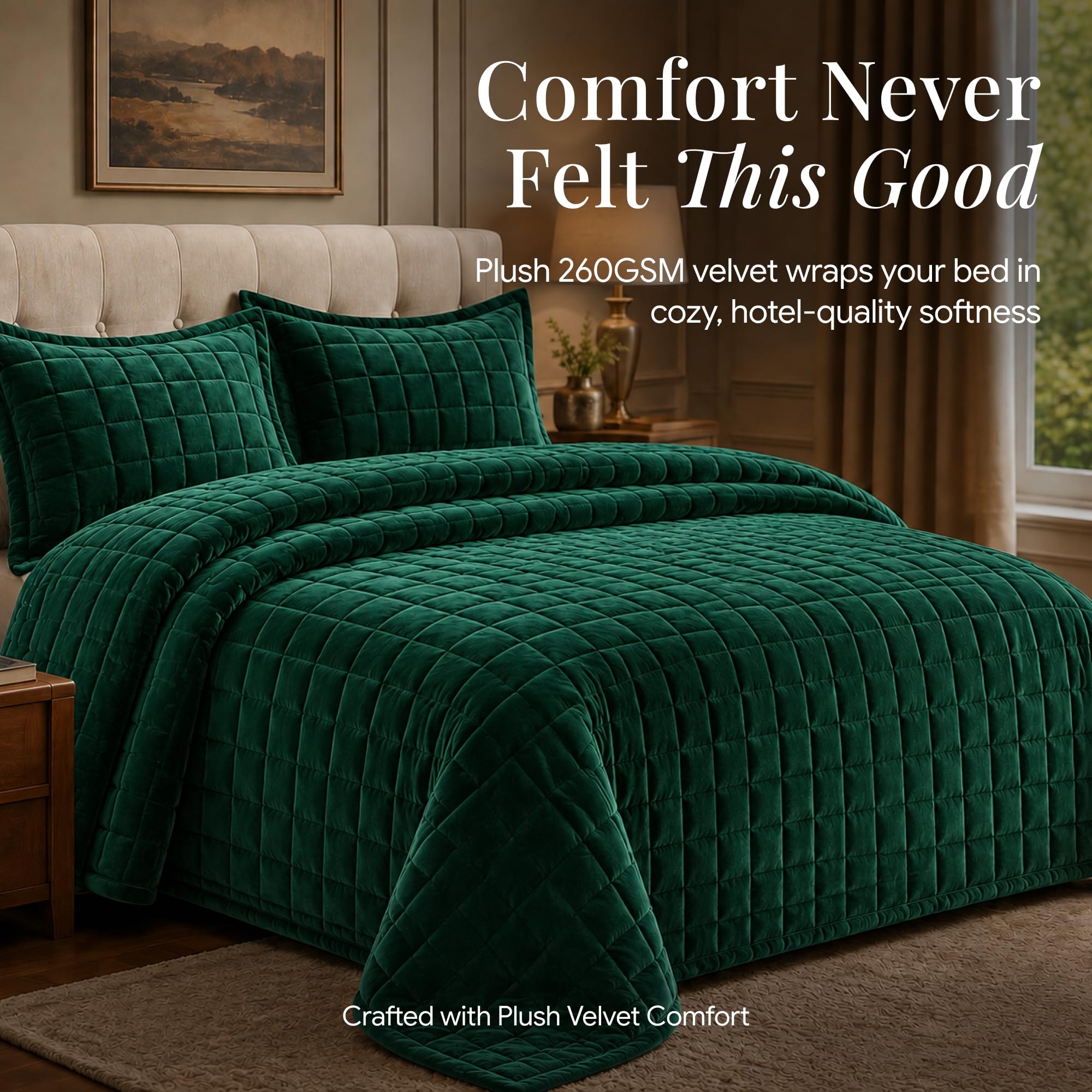 Tribeca Living FLORENCEQUIKISI Florence Velvet Oversized Solid Quilt Set, Verde Esmeralda, 2