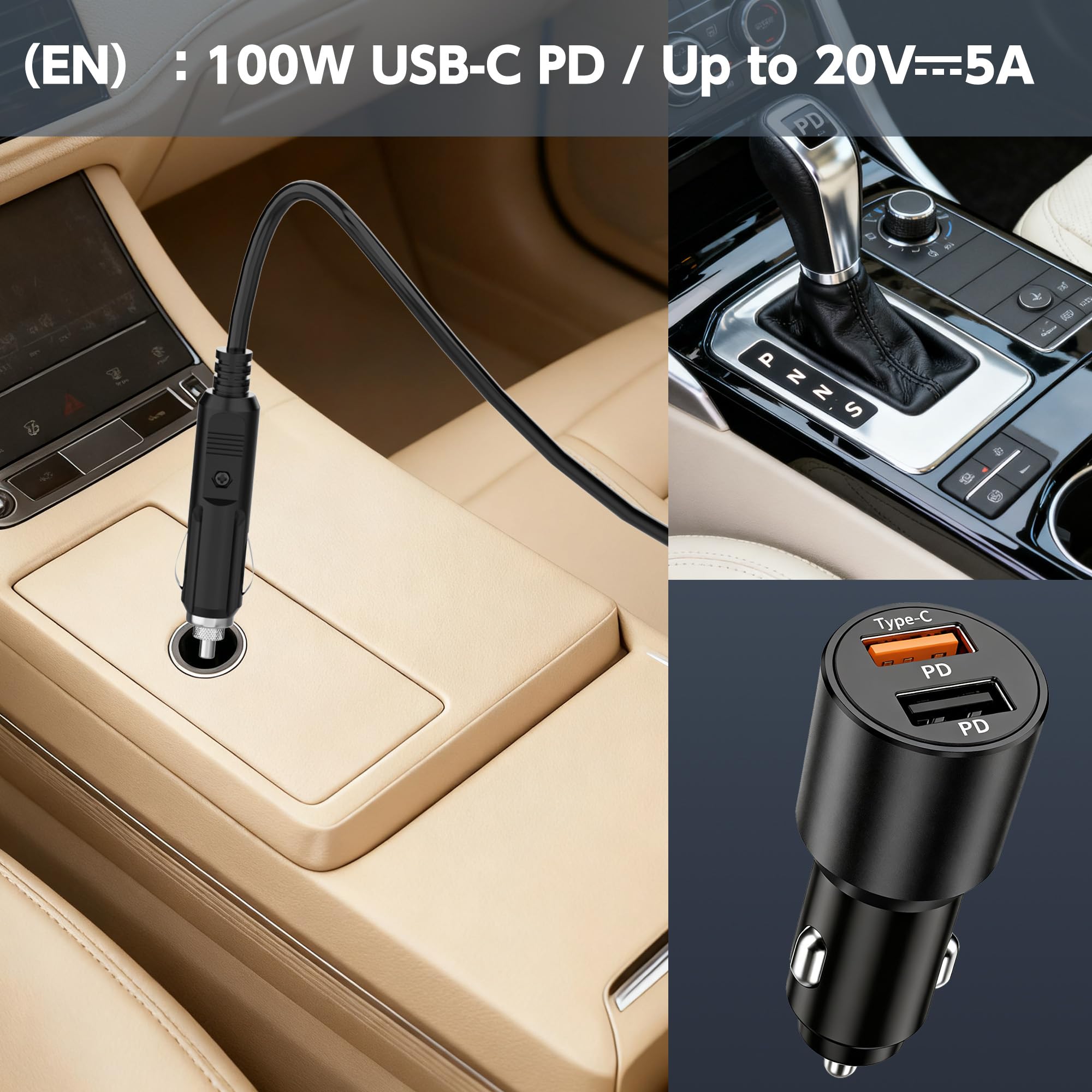 Chargeur de voiture USB C 100 W pour ordinateurs portables USB-C PD, adaptateur d'alimentation de voiture 12-24 V compatible avec Lenovo/HP/Dell/Acer/ASUS/ThinkPad/MacBook, câble de charge de voiture