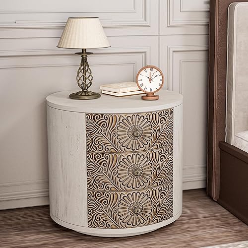 Miniatura 26 de HOMPUS Juego de 2 mesas auxiliares con cajón y estante, juegos de mesitas de noche vintage con cajón de patrones, mesita de noche de grano de 1