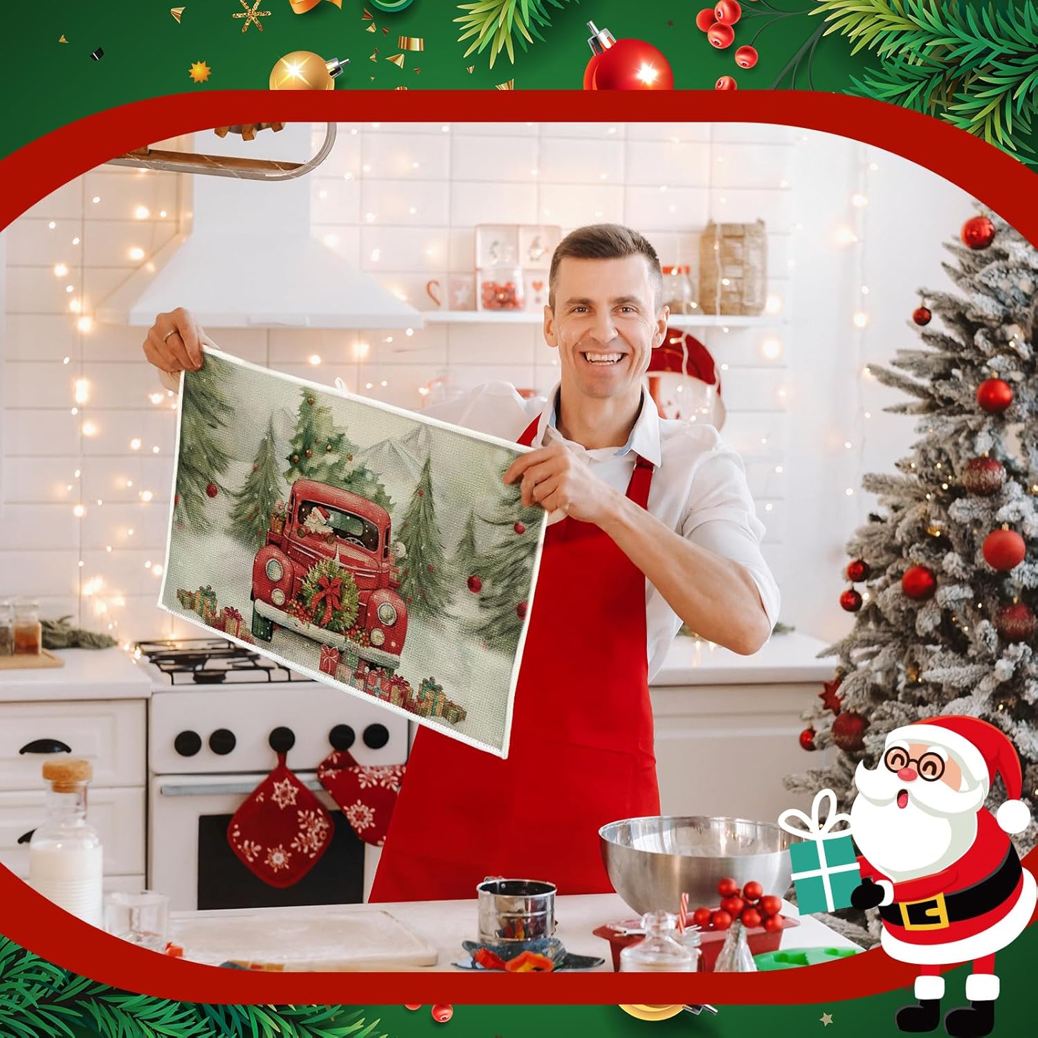Meanplan Set of 6 Christmas Dish Drying Mats for Kitchen Counter Absorbent Vintage Kitchen Accessories Farmhouse Cottage Table Mats Washable Drainer Draining Pad for Xmas Decoration Winter 24"x 16"