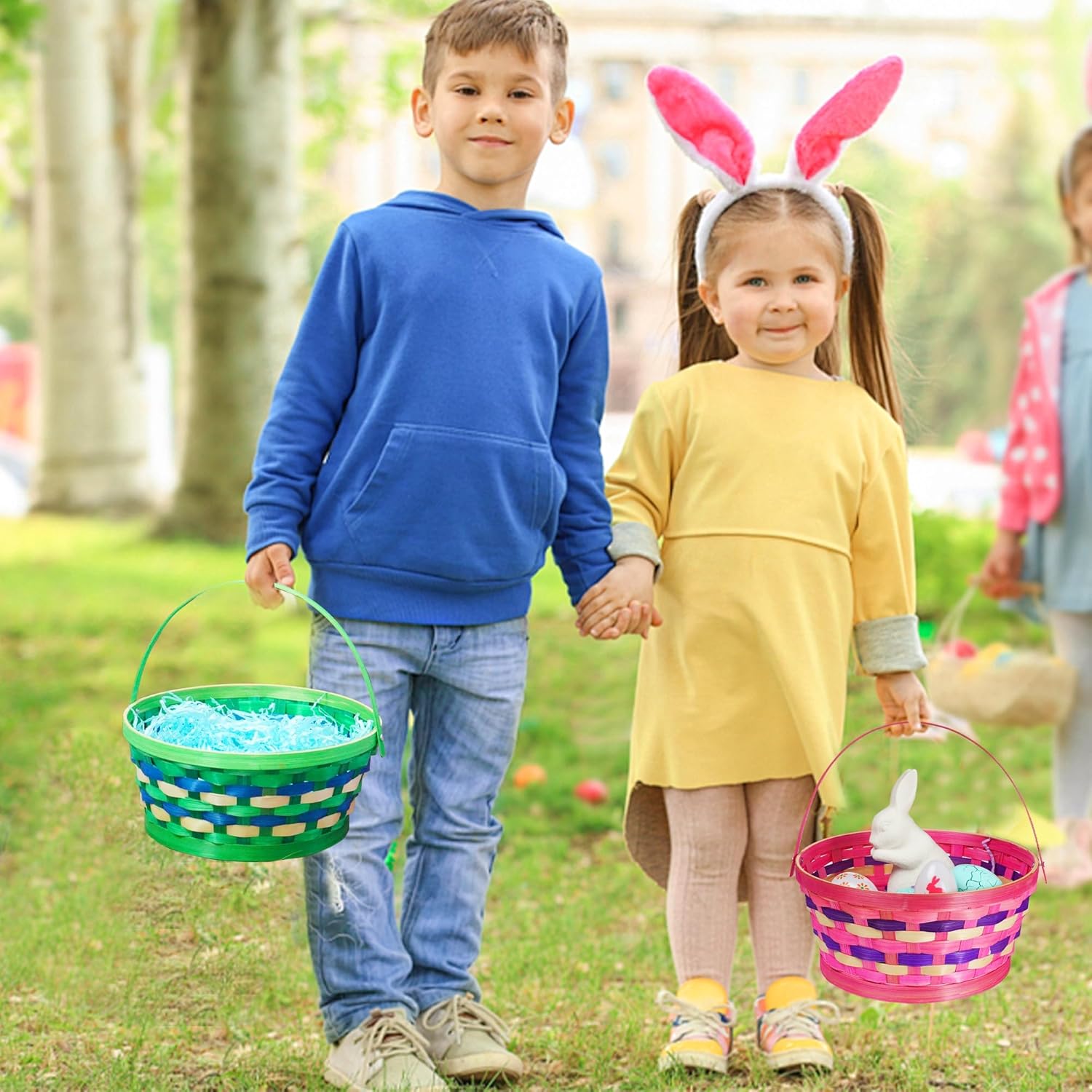 Uptotop Easter Basket with Handle, 3Pcs Woven Bamboo Easter Egg Baskets with 5 Colors Crinkle Cut Paper Filler, Perfect for Easter Egg Hunting, Decorations, Party Favors and Gift Giving