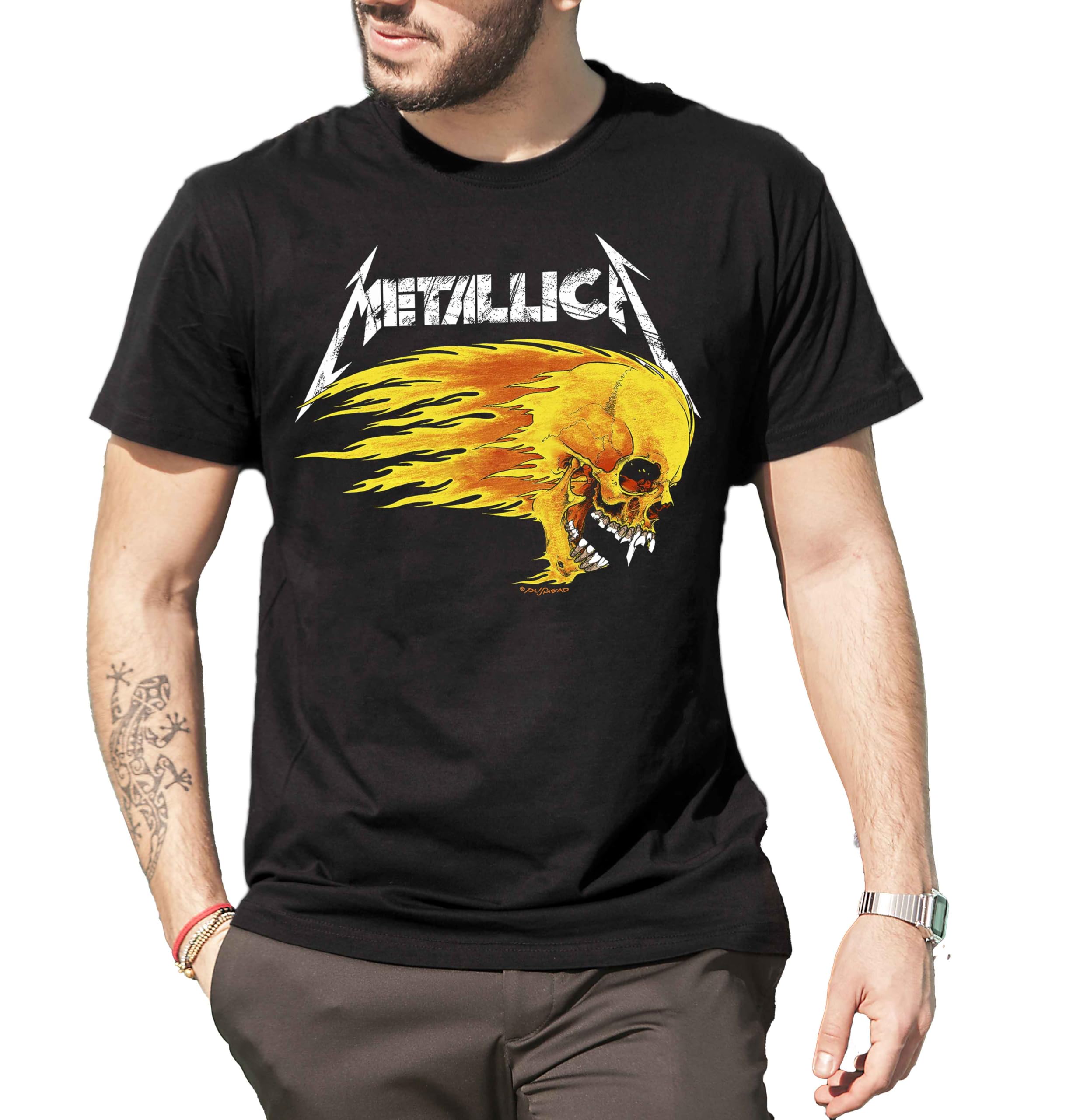 Metallica T-Shirt Pushead Flaming Skull. Maglietta Rock Ufficiale. Band Heavy Metal. Maglia Unisex Adulto Ragazzo.