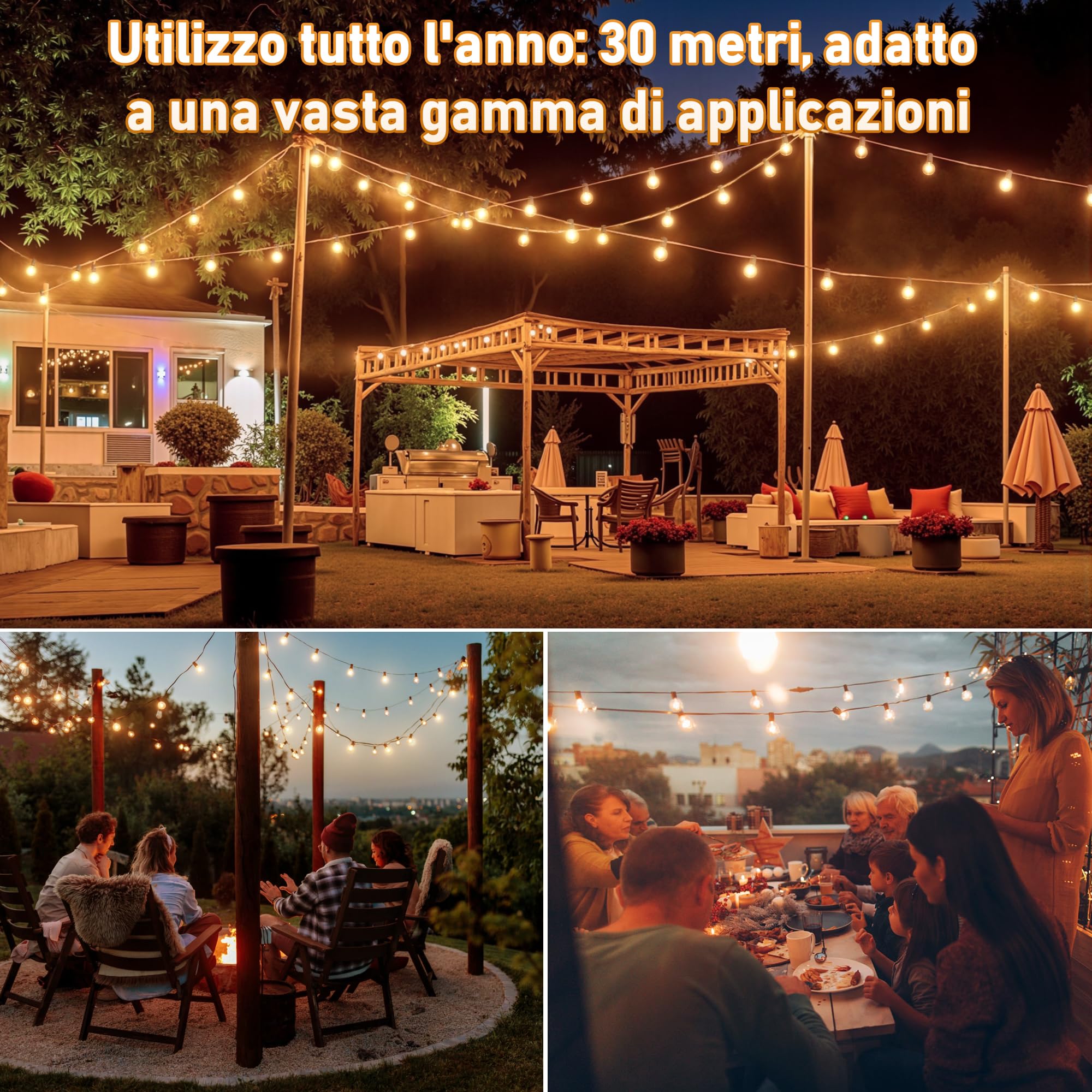 HeiPard Catena Luminosa Esterno 30m, 50 + 3 LED G40 Luci da Esterno Giardino Calde Regolabili con Telecomando | 3 Modalità + Timer | Ip45 Impermeabile per Giardino, Natale, Matrimoni