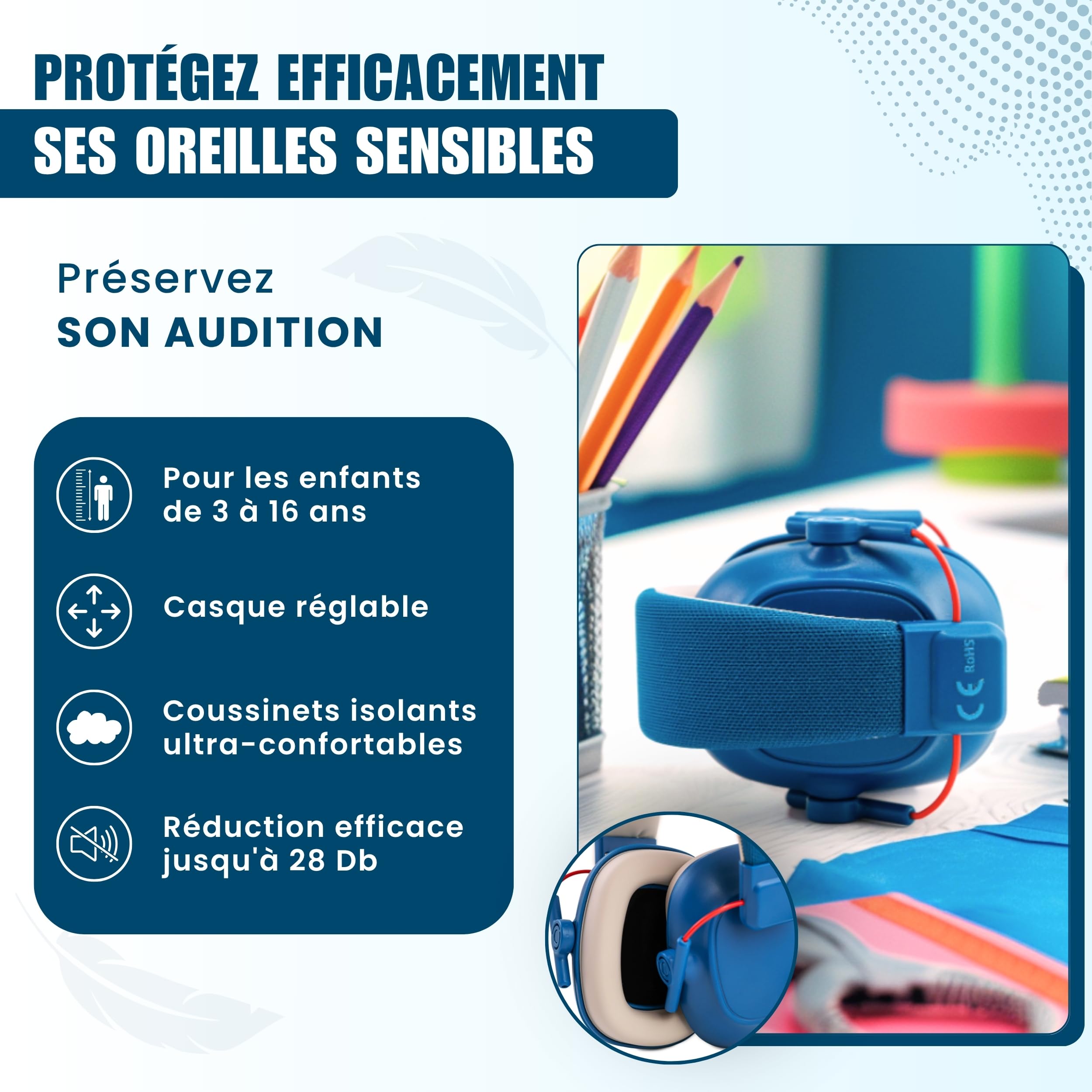 Casque anti-bruit enfant TDAH/Autiste : Meilleure concentration à l'école et des devoirs maison sereins. Protège jusqu'à 16 ans dans les environnements bruyants.