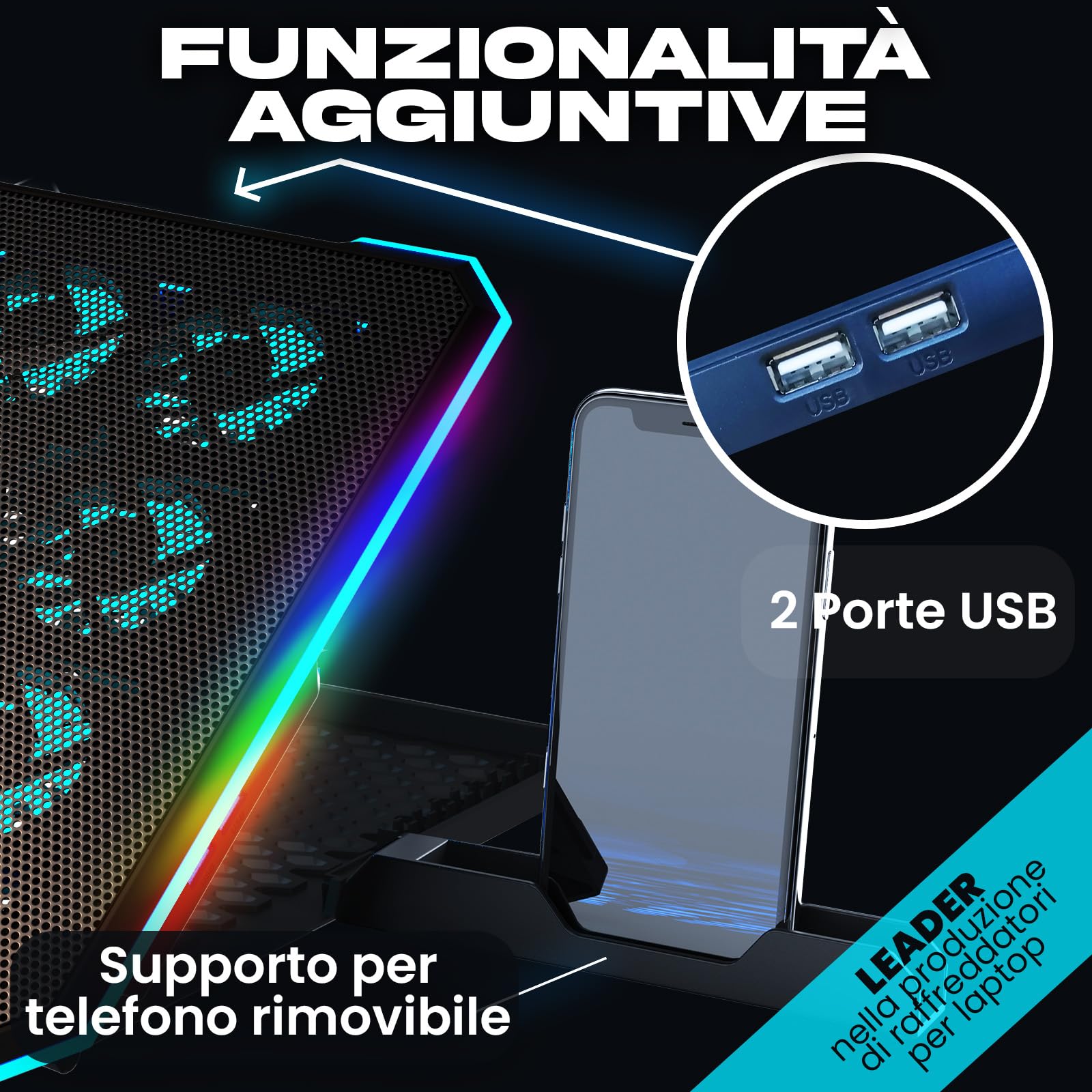 KLIM V15 Base di raffreddamento Gaming Notebook 15 ventole RGB supporto portatile 17" 2 porte USB