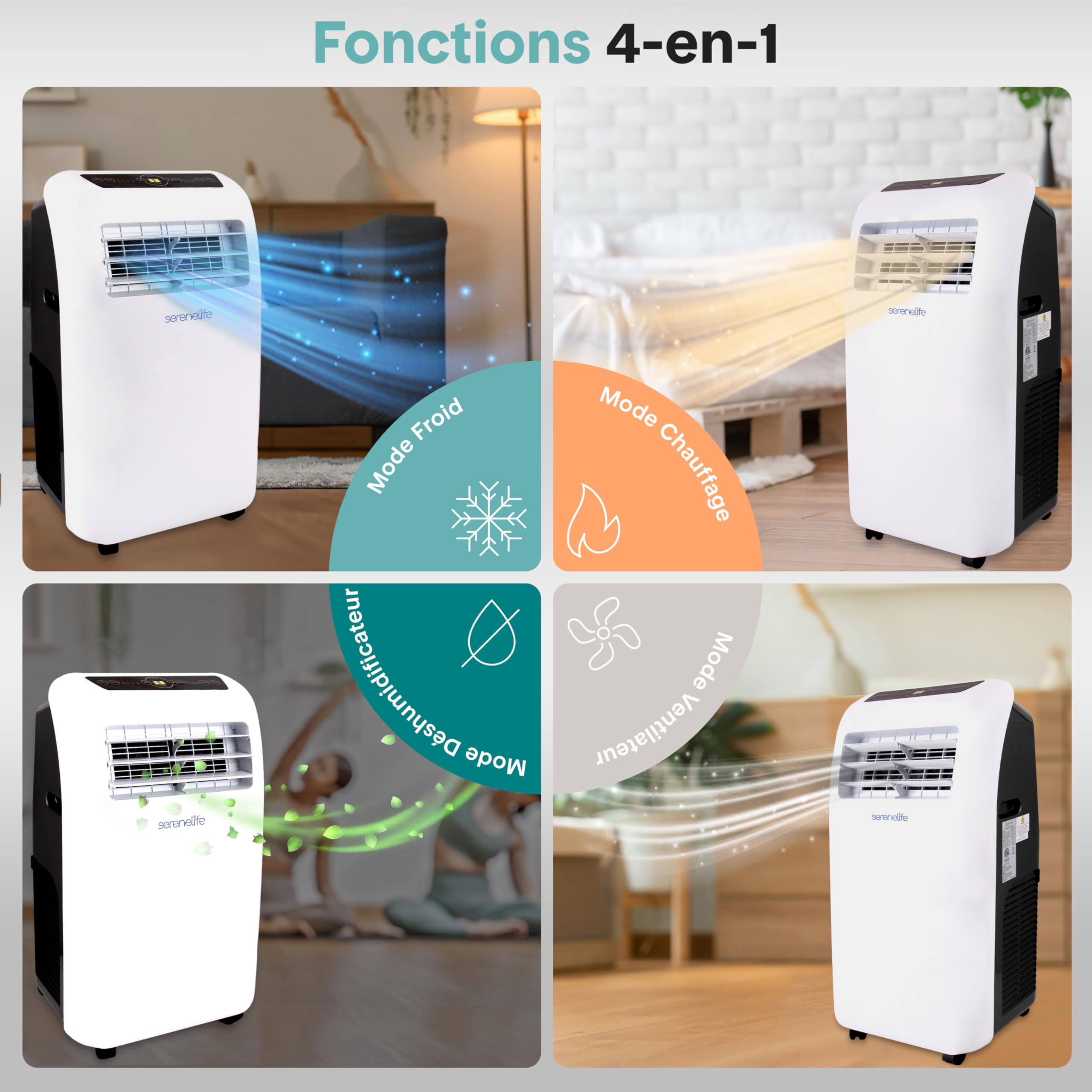 SereneLife Climatiseur Mobile 9000 BTU avec Chauffage – Climatiseur Réversible Portable 4 en 1, jusqu’à 41 m², Déshumidificateur, Ventilateur, Télécommande, Kit Fenêtre, Blanc
