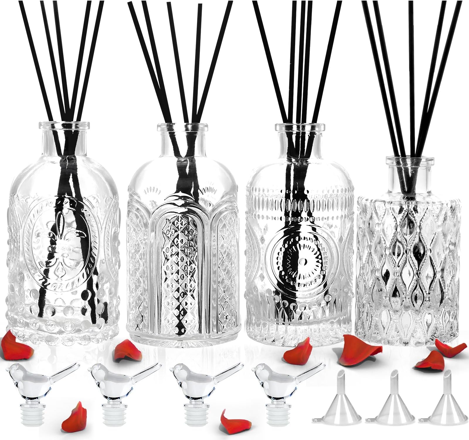 Diffuser Glass Bottles Decorative Bottles Vases Set of 4 Empty Clear DIY Fragrance Reed Diffuser Storage Bottle with Reeds Sticks for Home Office Desk Decoration Wedding Valentine Girl Women
