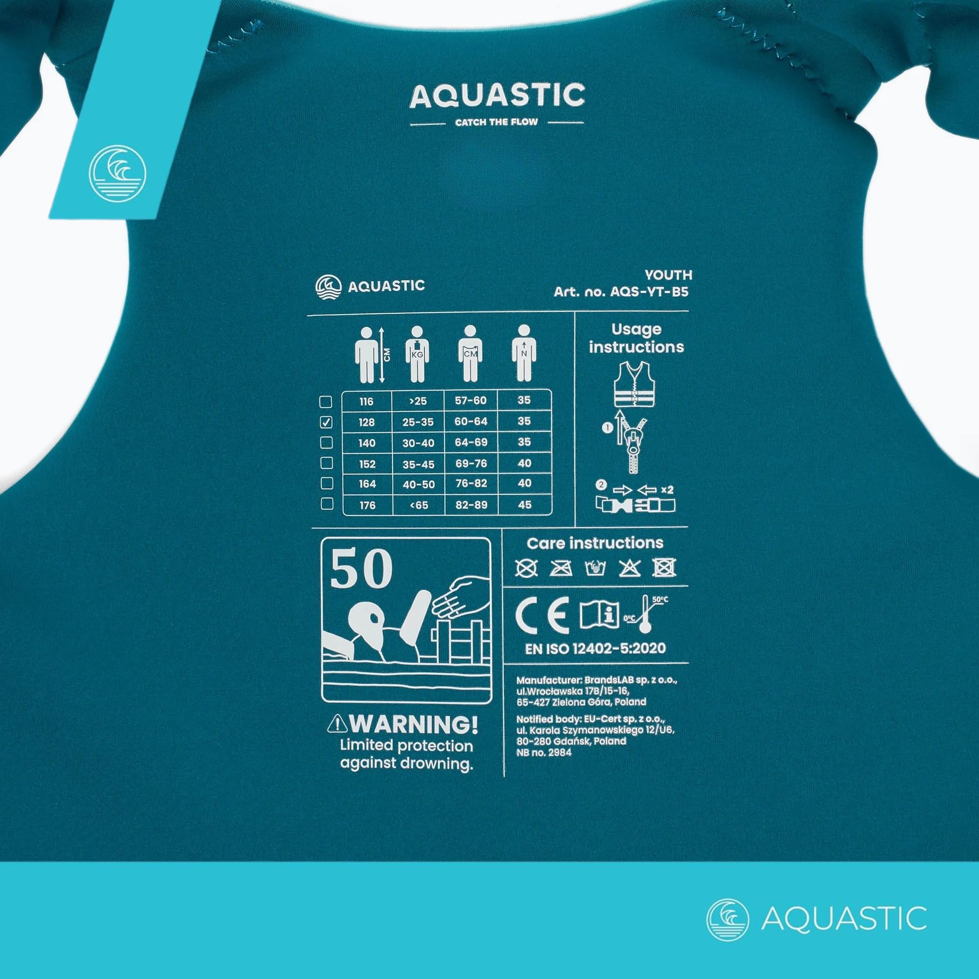 AQUASTIC Youth 50N Kinderweste - Neopren, PVC-Schaum, verstellbare Gurte mit Schnallen, Reißverschluss, D-Ring, Komfort und Sicherheit beim Schwimmen im Wasser
