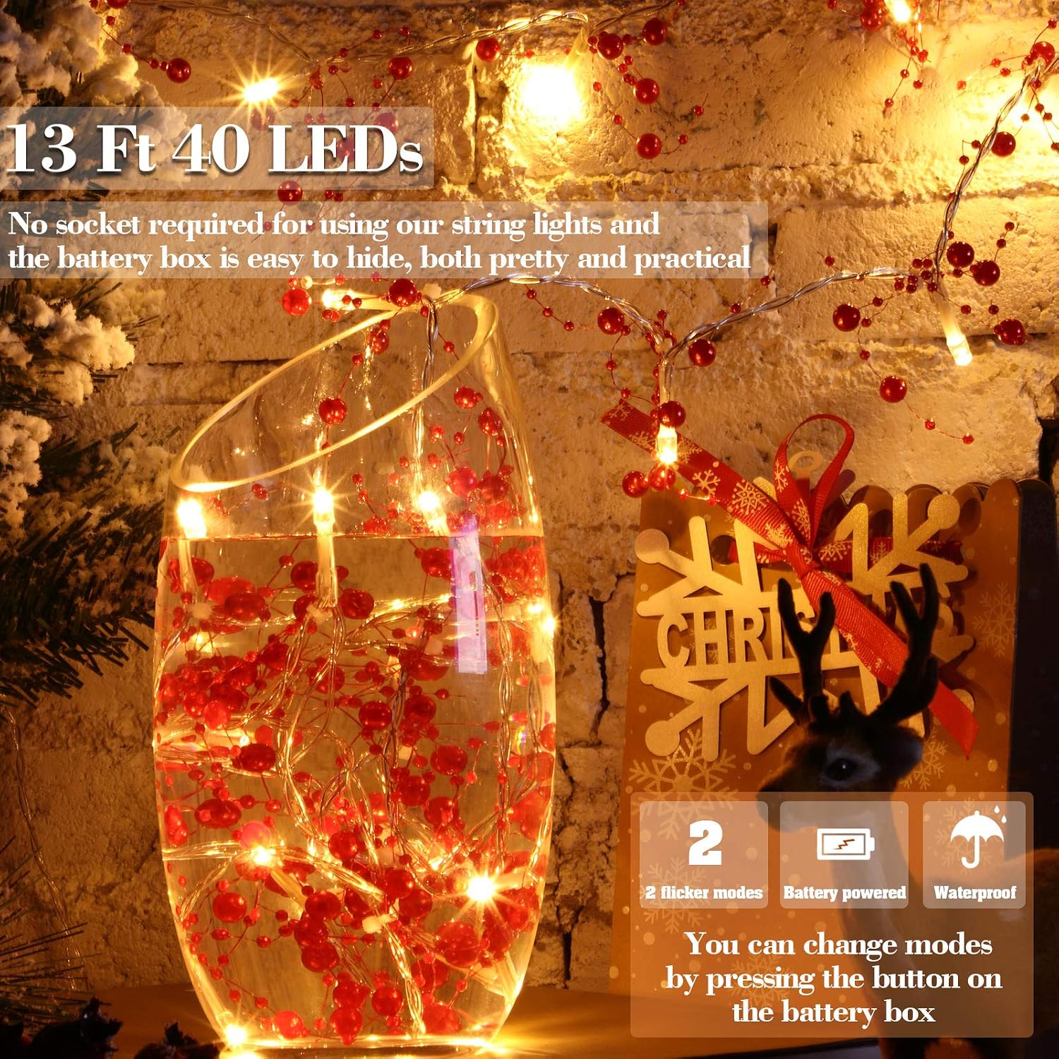 LED Pearl Berry Beaded Garland String Light 13 ft 40 Bead Light for Indoor Outdoor Festive Birthday Party Wedding DIY Home Mantel Decoration 2 Flicker Modes (Red) - Image 5