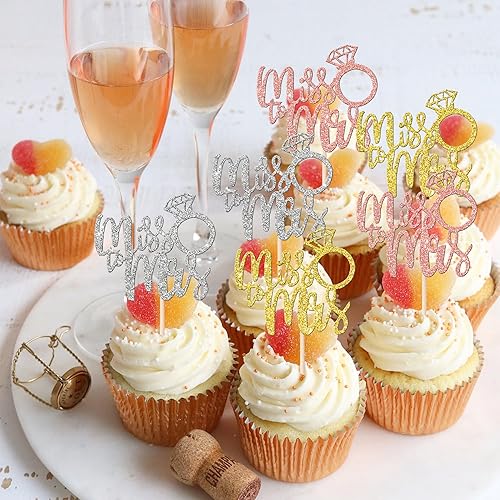 Miniatura 5 de 36 piezas de adornos para cupcakes de Miss to Mrs con anillo de diamantes con purpurina para despedida de soltera, selecciones de cupcakes Miss to