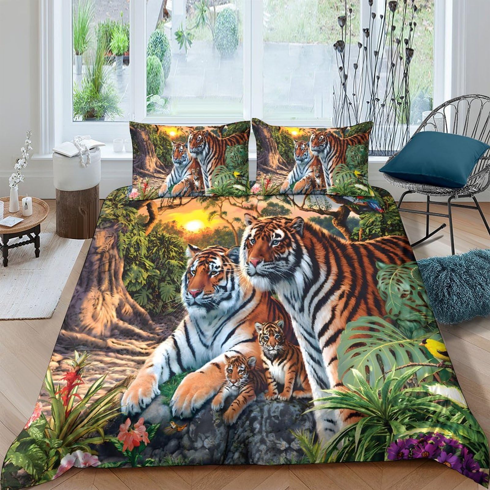 Ctjqhvkz Style-2 3D Printed Tiger Forest Fitted Sheet Microfiber Soft Breathable Sunset Jungle Bed Cover For Bedroom Decor Single（135X200cm）