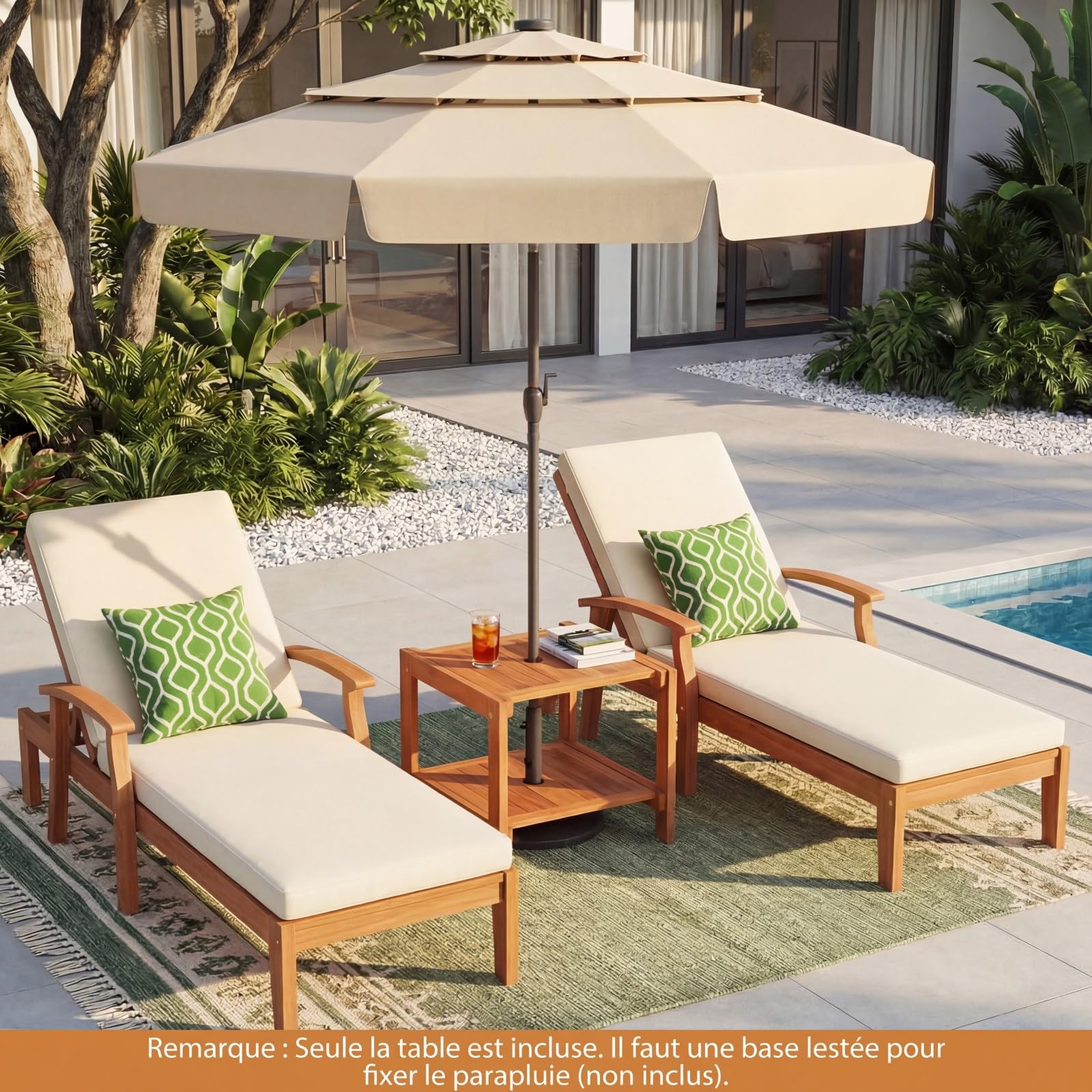 COSTWAY Table Basse Exterieur à 2 Niveaux en Bois avec Trou pour Parasol