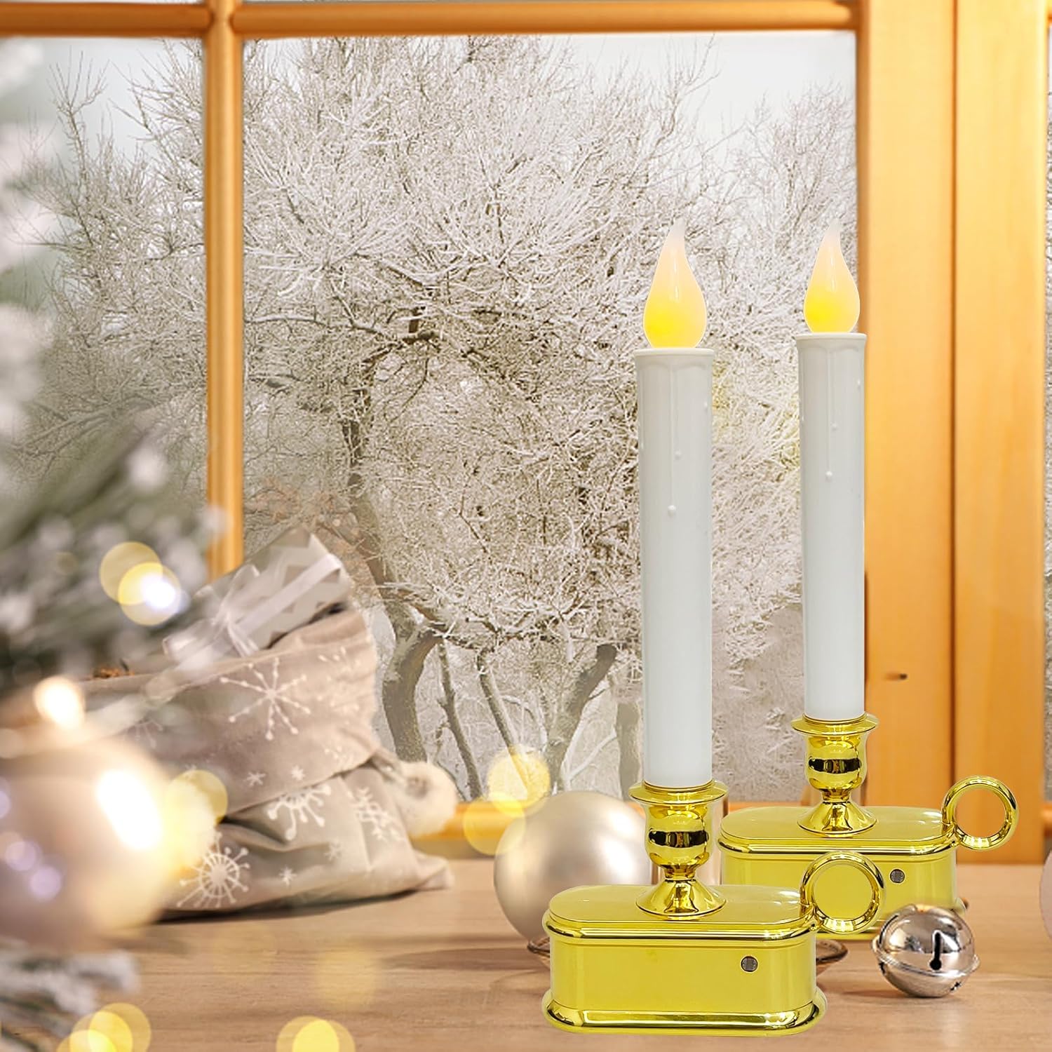 4 Pack 10 Inch Wireless Window Candle Lamps, Christmas Window Candle Light with Sensor, Flameless Flicker LED Lights and Gold Base, Battery Powered Window Candles for Window Table Christmas Decor