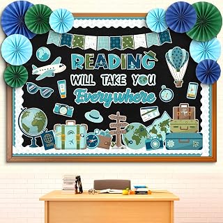 Eersida 76 Pcs Reading Travel Bulletin Board Set with Paper Fans | Reading Motivational Classroom Decorations, Travel The Map Camping Mountain Cutouts, Back to School Home Wall Supplies Decor