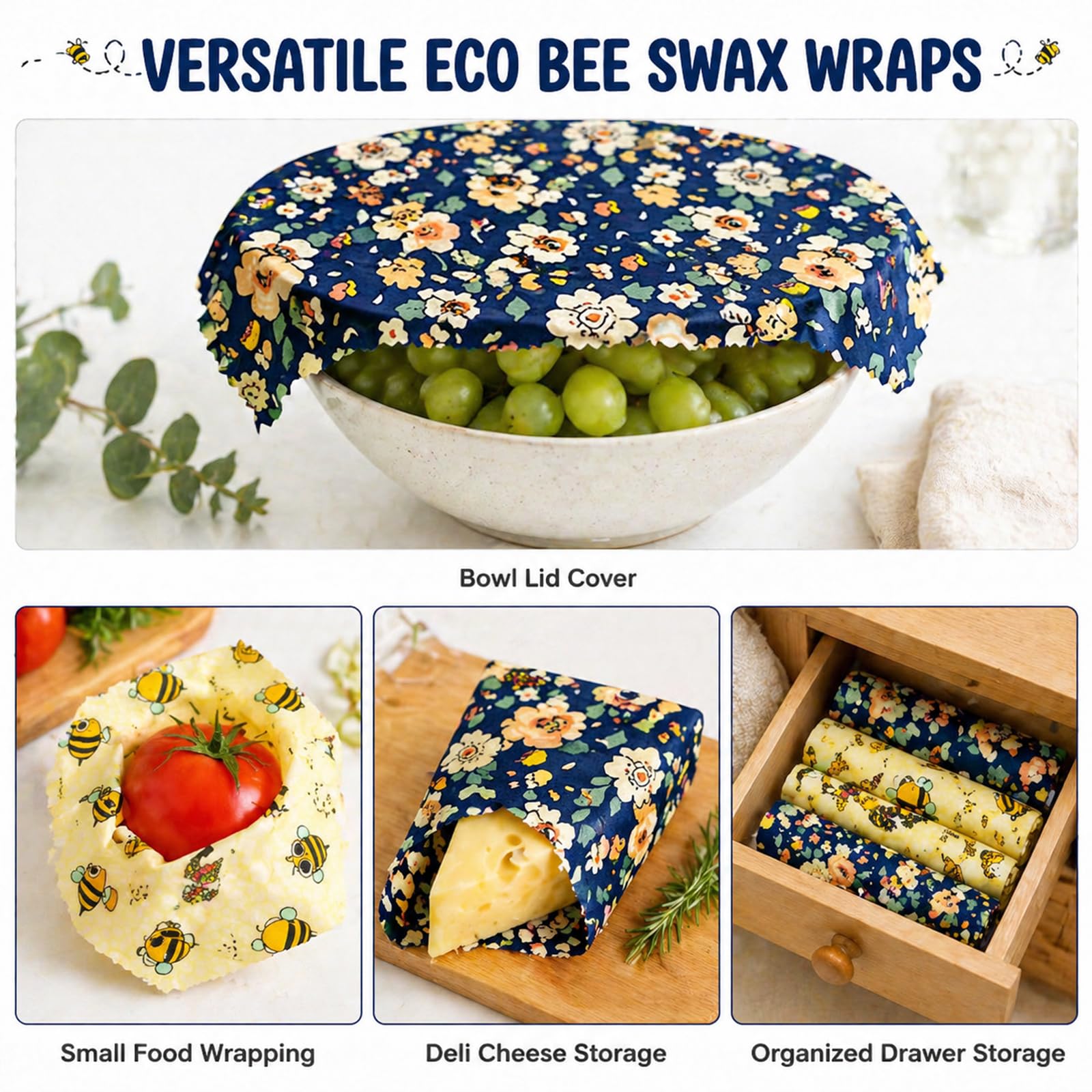 Set 8 Paños De Cera De Abeja Reutilizables, Algodón Orgánico (2XL 2L 2M 2S), Alternativa Práctica A Plástico, Uso para Frutas Pan Y Cocina, Fácil Limpieza Y Almacenamiento