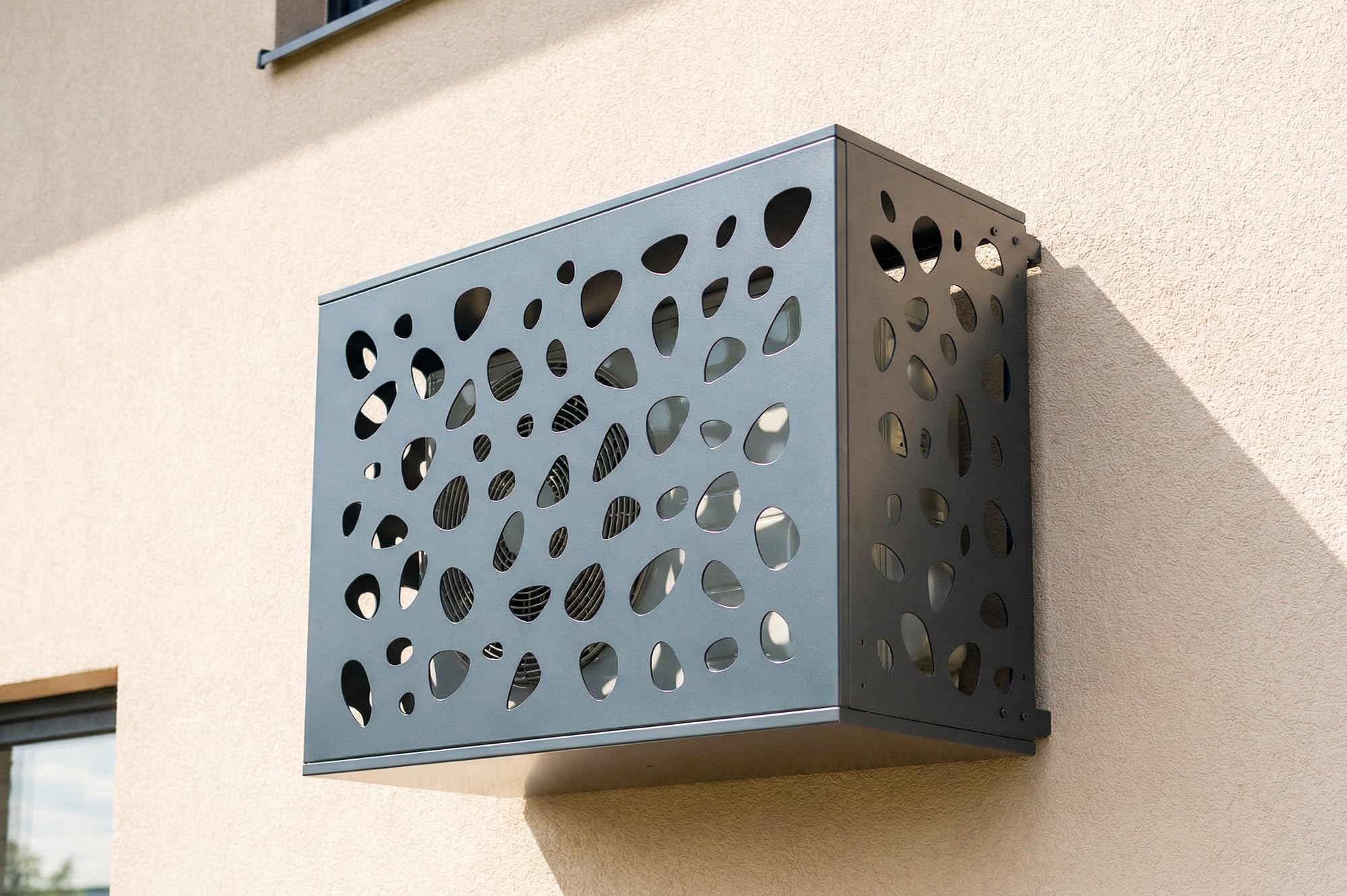 Casanoov Cache Climatiseur Exterieur Gris avec Face Inférieure - Amaro Sunny 90x68x60 cm – Acier Galvanisé Protection – Compatible Clim & PAC Toutes Marques – Design Galets Moderne – Montage Facile