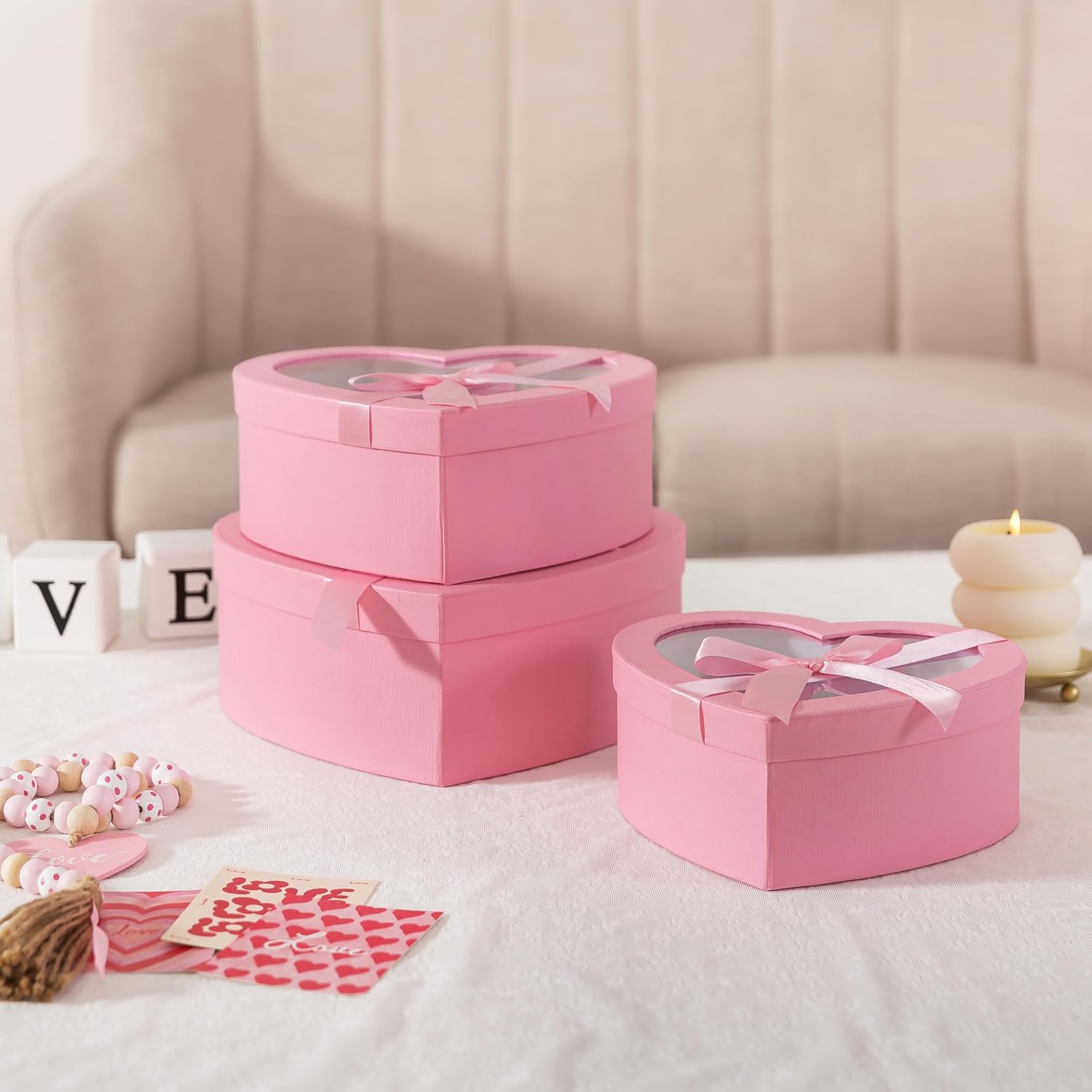 Soul & Lane Pink Heart Shaped Gift Boxes with Clear Lids and Decorative Bows: Set of 3 Cardboard Heart Boxes for Flowers, Chocolates, Large Box for Flower Arrangements and Valentine’s Day Presents