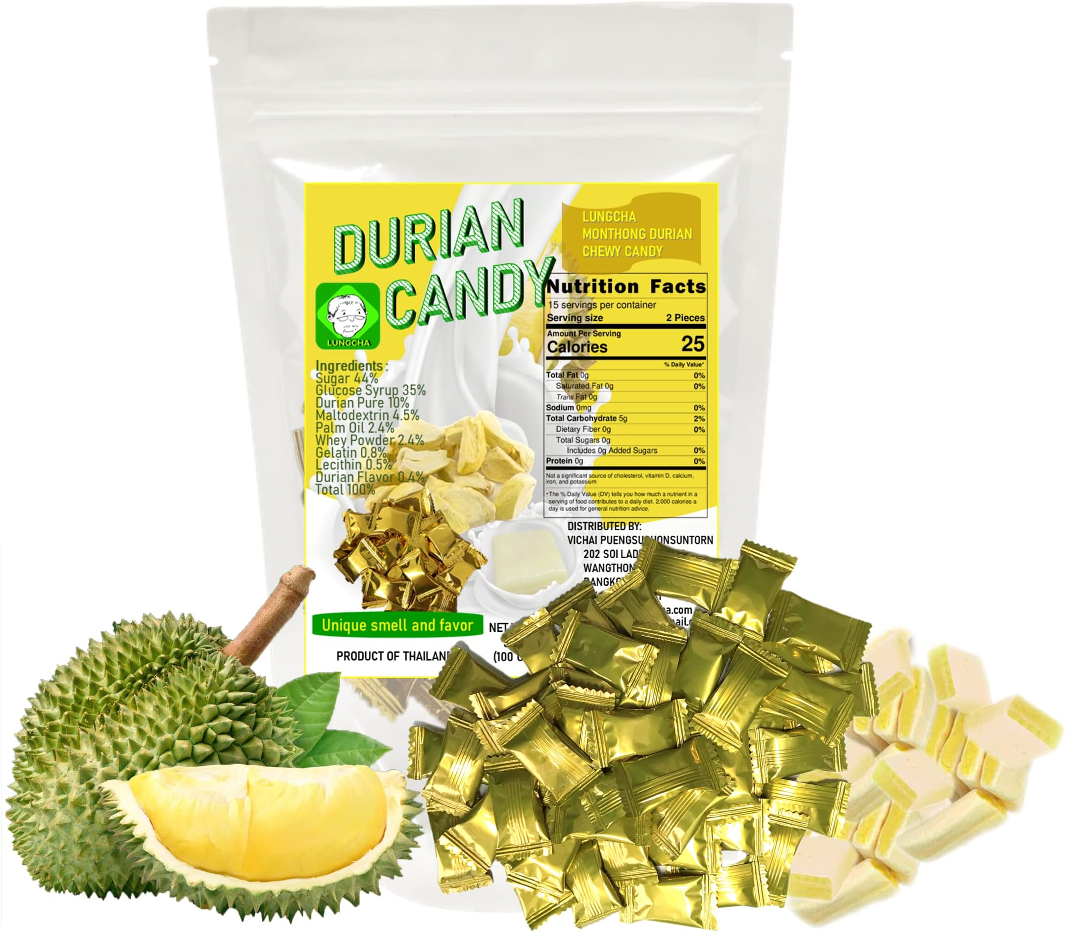 LUNGCHA DURIAN Toffee Flavors Fruit Candy, the product of Thailand 3.5 Oz (100 gram) (Durian)