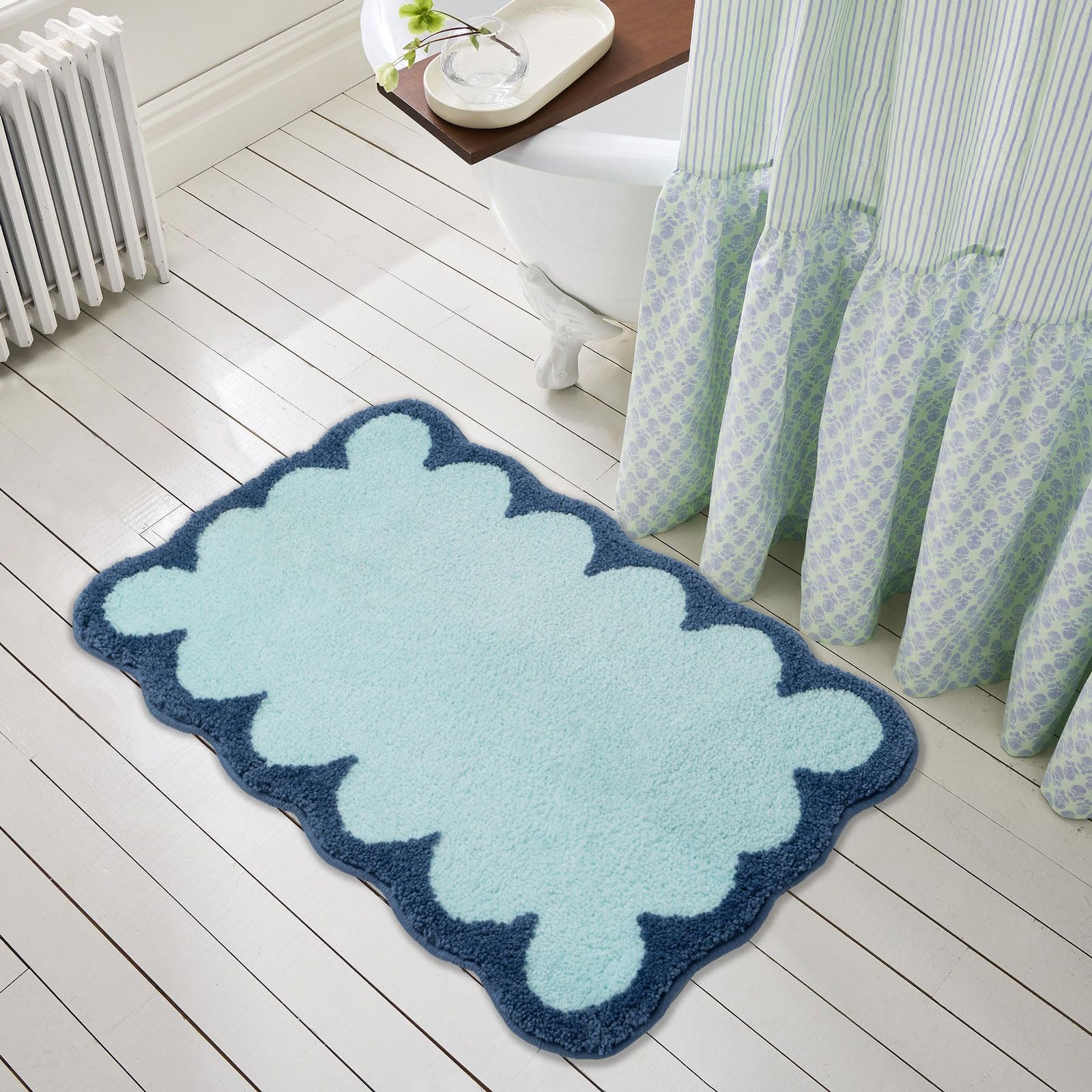 Urtlmaji Scalloped Bath Mats Blue Bathroom Rugs Non Slip Washable Cute Bath Mats Microfiber Absorbent Soft Aesthetic Preppy Small Bath Rugs for