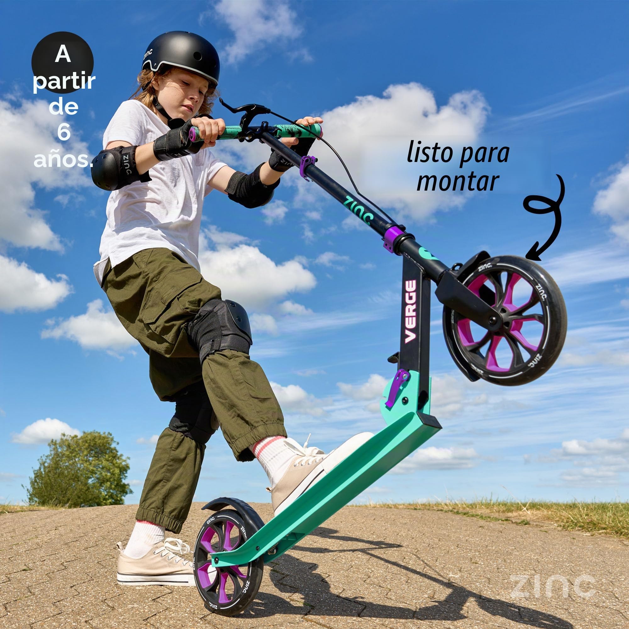 Zinc Kids Scooter – Big Wheel Kick Scooter for Ages 6+, Foldable 2-Wheel Scooter with 200mm Wheels, Lightweight, Height Adjustable, Rear Footbrake, Supports up to 100kg