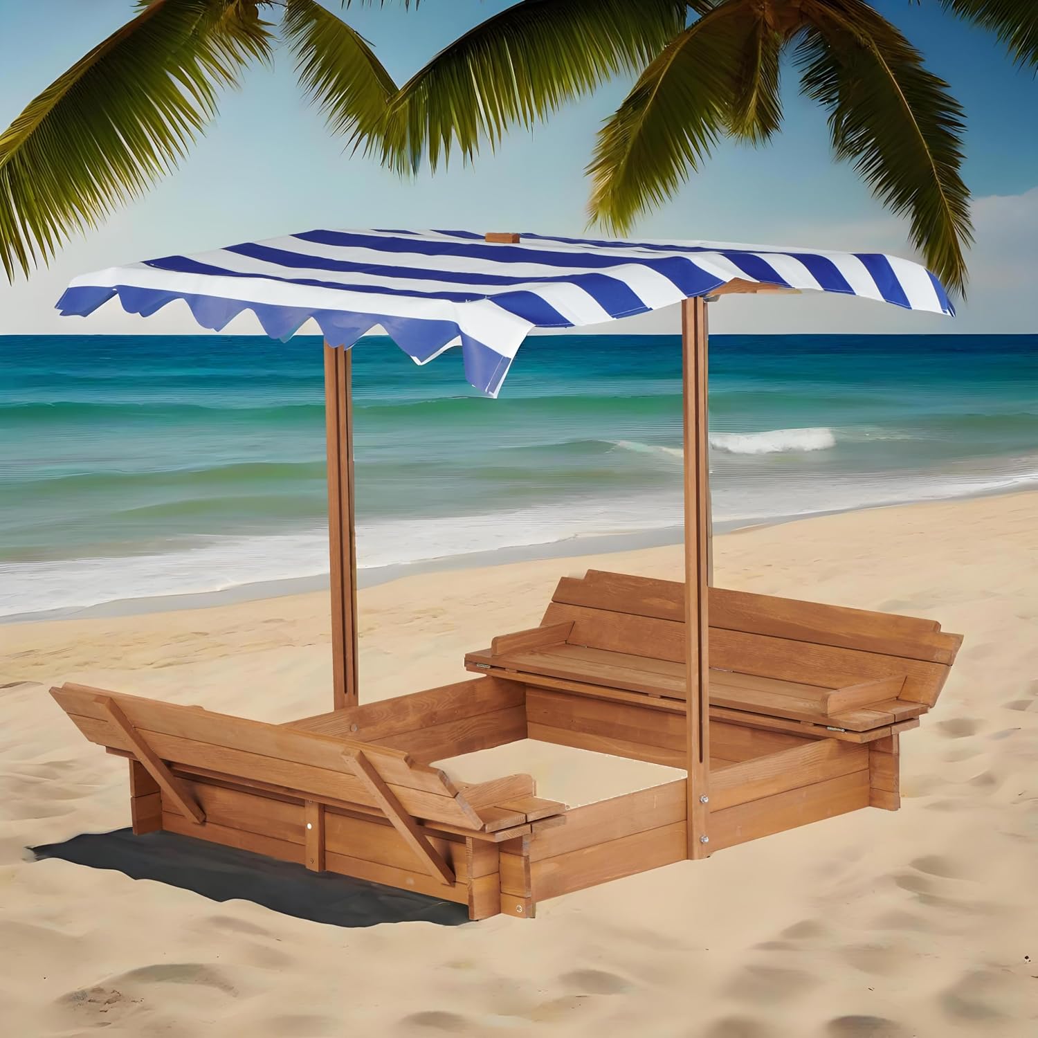 Children's Wooden Sandbox with Canopy, Convertible Bench Seats, Blue and White Striped Cover
