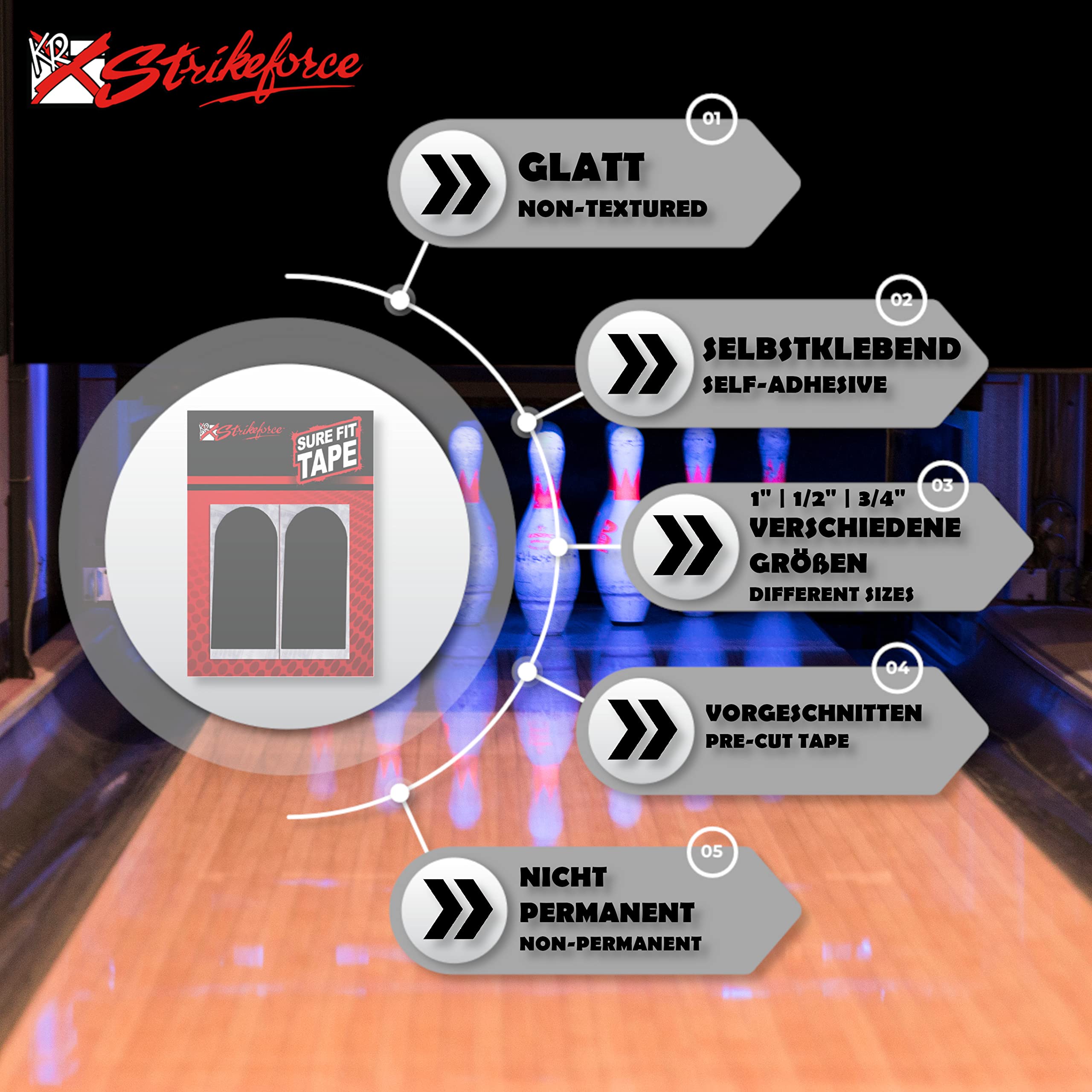 EMAX | Bowlingball Tape – KR Strikeforce Sure Fit Tape – Daumentape für in den Bowlingball – Selbstklebend – Vorgeschnitten – Verbessert den Griff