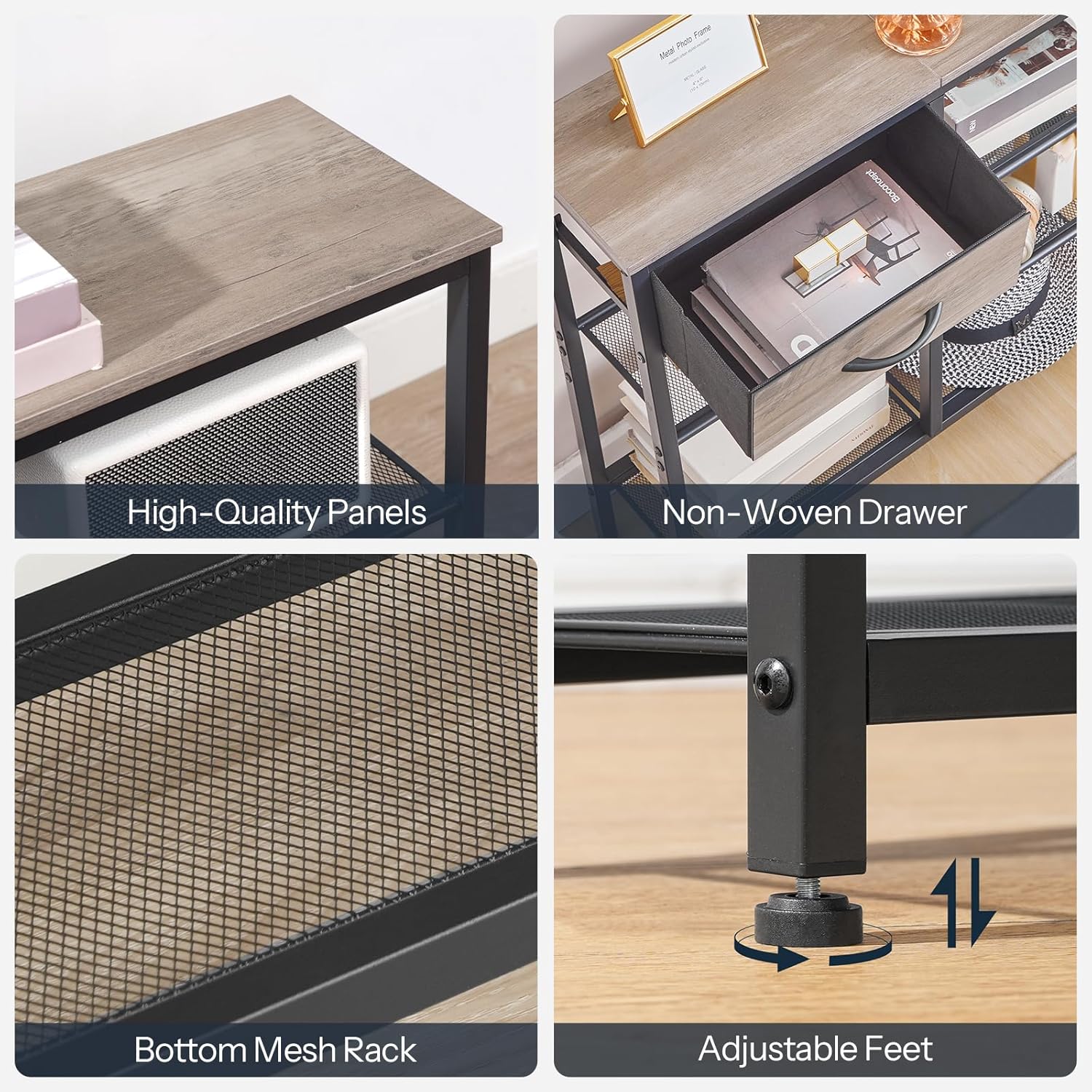 Close-up of table materials: panels, drawer, mesh, and adjustable feet
