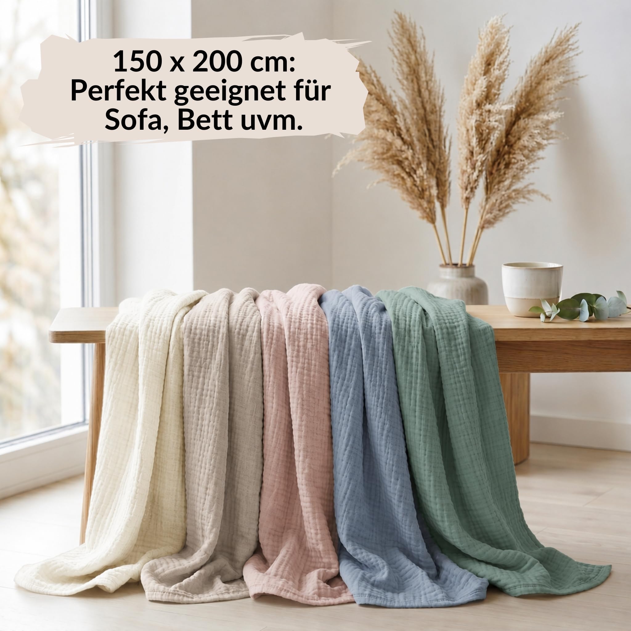 Carpe Sonno Musselin Decke 150 x 200 [100% Baumwolle] Leichte Musselindecke Sommer | Oeko-TEX Kuscheldecke flauschig | Tagesdecke Beige Sofadecke Sommerdecke Couchdecke | Sofa Decke Creme