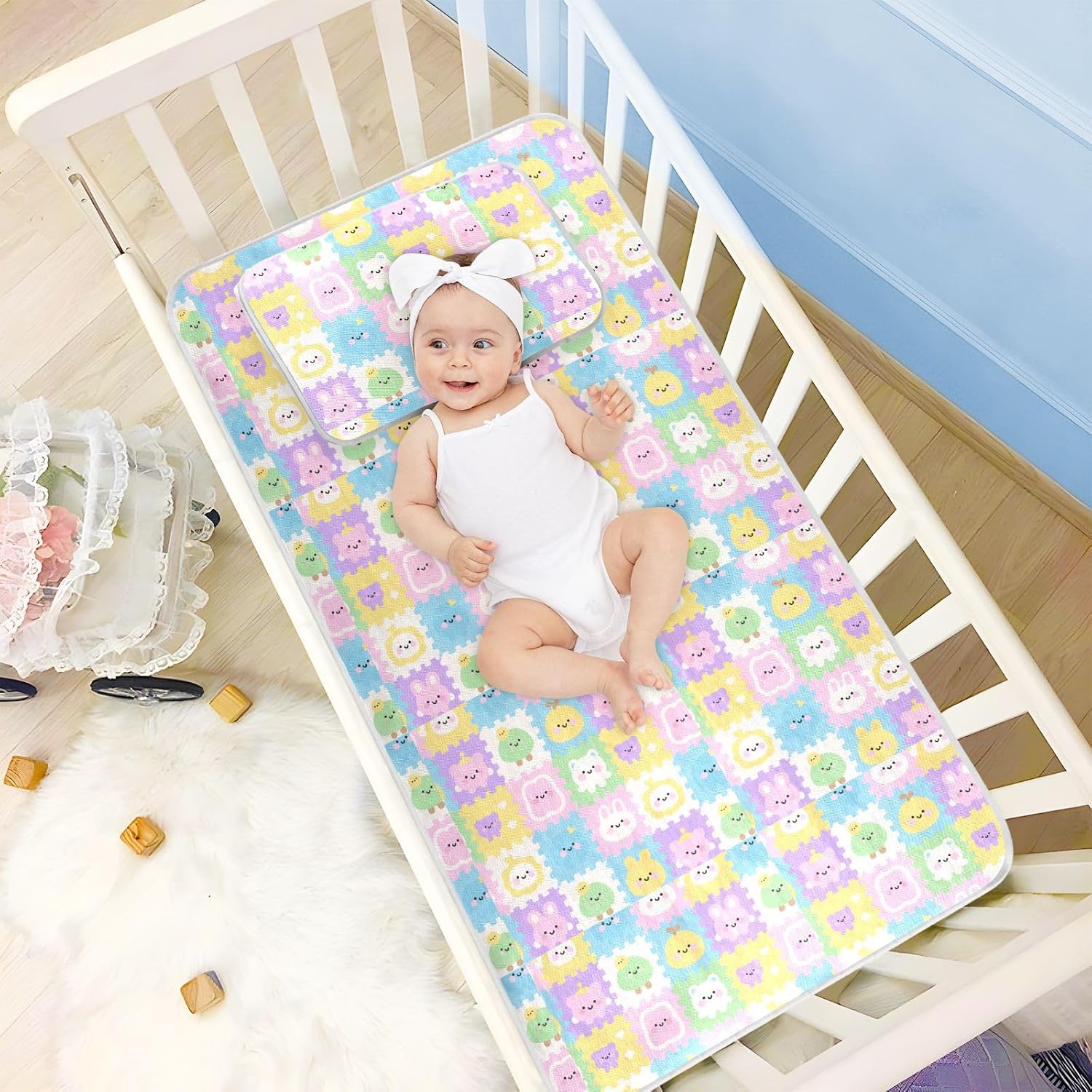 Cute Cartoon Childish Pattern Colorful Cooling Baby Toddler Mattress 28" x 52" Reusable Pads for beds for Baby&Toddler