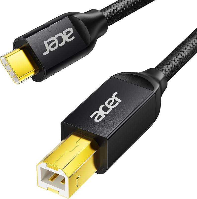 Cable Acer USB B a USB C de 6.6 pies, cable de impresora de nailon para impresora y MIDI | Caja de aluminio y chapado en oro, USB-B 2.0 480Mbps, cable MIDI USB C para MacBook Pro/Air, para Brother, HP, teclados MIDI y DAC