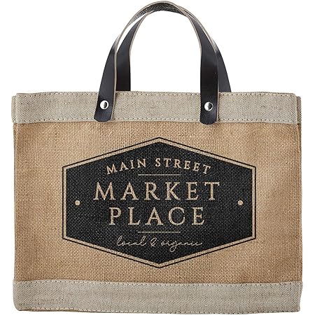 Santa Barbara Design Studio Main Street Farmers Market Tote, Reusable Burlap Grocery Bag with Leather Handle, Purse for Beach or Picnics, Food Lovers Gift Idea, 12.5 x 9.5 Inches