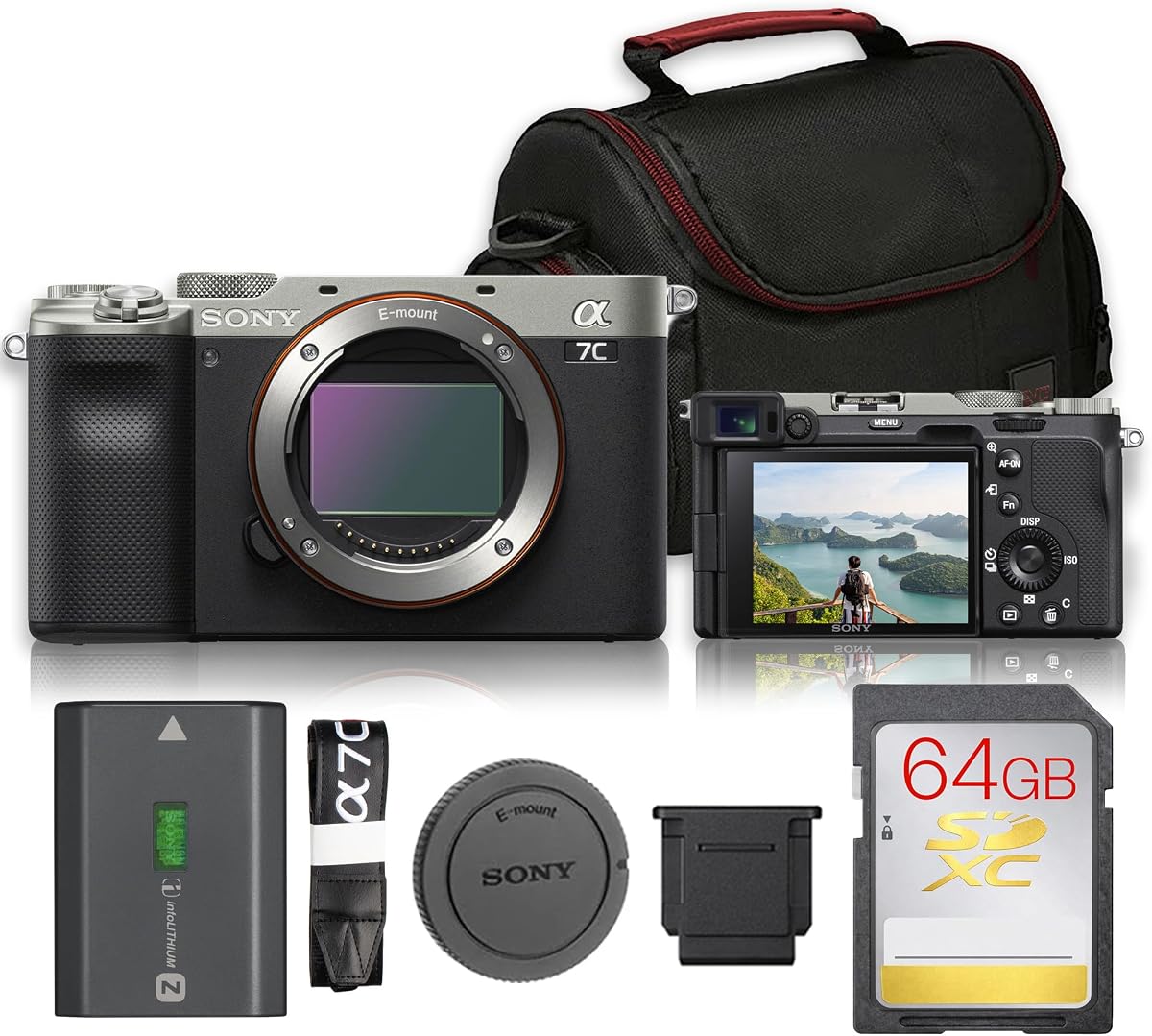 Sony a7C Mirrorless Camera 24.2MP & Bag (Silver) Bundle | For Travel, Vlogging & Content Creation | 24.2MP Full-Frame Sensor | 5-Axis IBIS + 64GB Memory Card + Camera Bag