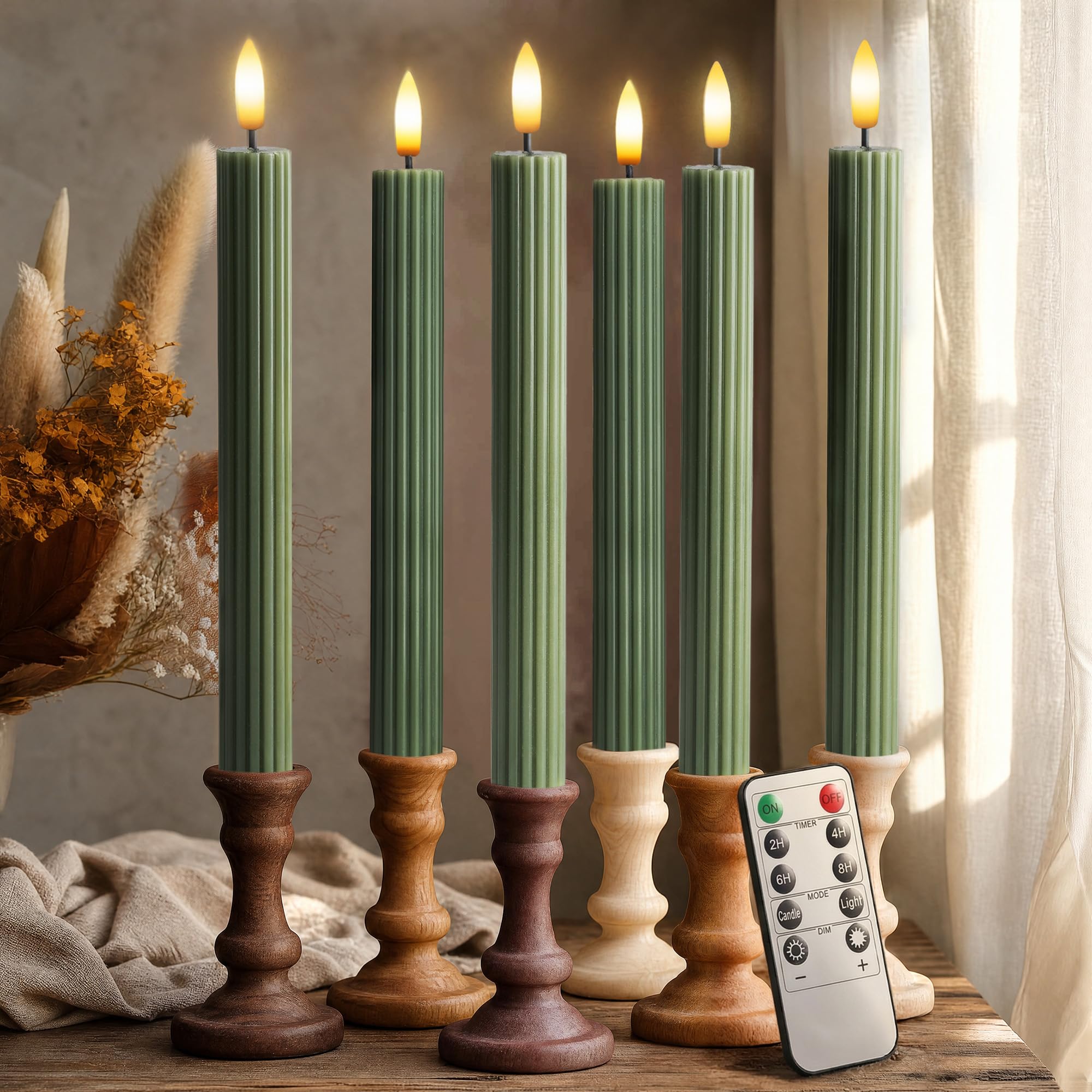 6 Pack, 10" LED Flameless Real Wax Sage Olive Loden Green Fluted Ribbed Grooved Taper Candles, Remote &amp; 24h Timer Memory, On/Off Button, Dimmable, Flicker Mode, Battery Operated, Wedding
