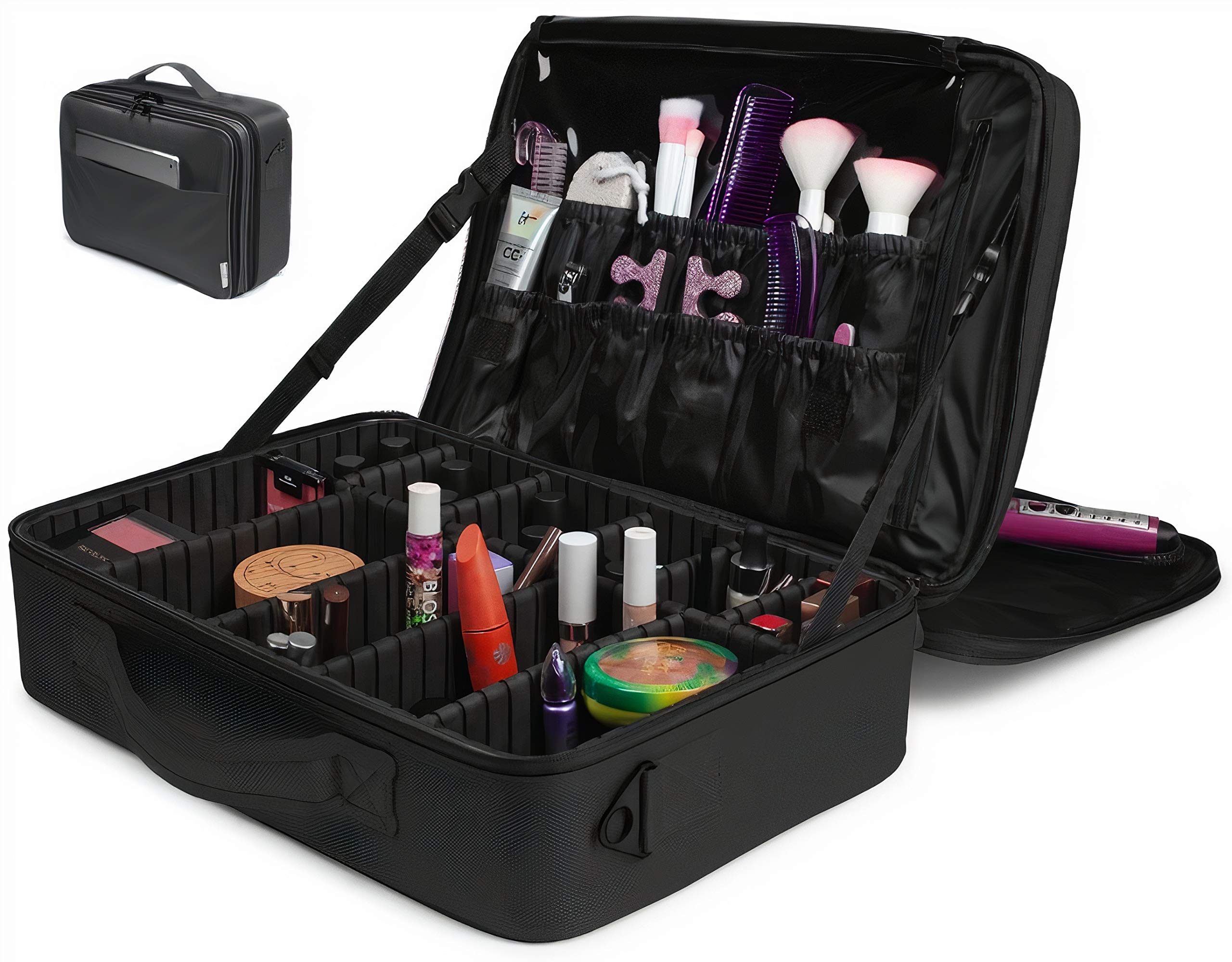 Addie Rose Home Makeup Bag Train Case | Cosmetic Bag | Travel Makeup Bag Organizer | LARGE 27 Storage Areas | EXCLUSIVE Front Pocket and Adjustable Support Straps | BONUS Shoulder Strap | GREAT GIFT