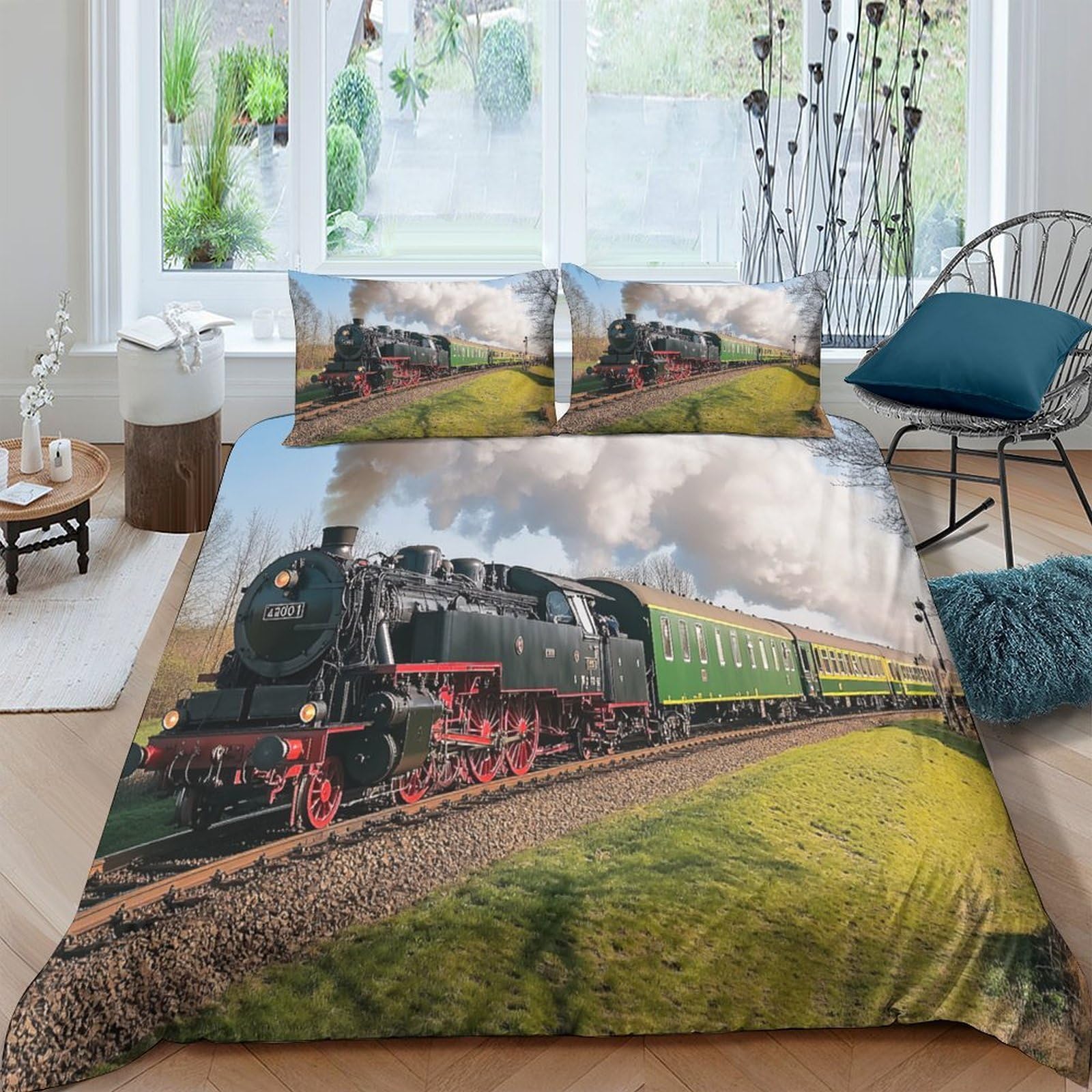 Ctjqhvkz Style-7 3D Printed Steam Train Fitted Sheet Microfiber Soft Breathable Green Landscape Bed Cover For Bedroom Guest Room Single（135X200cm）