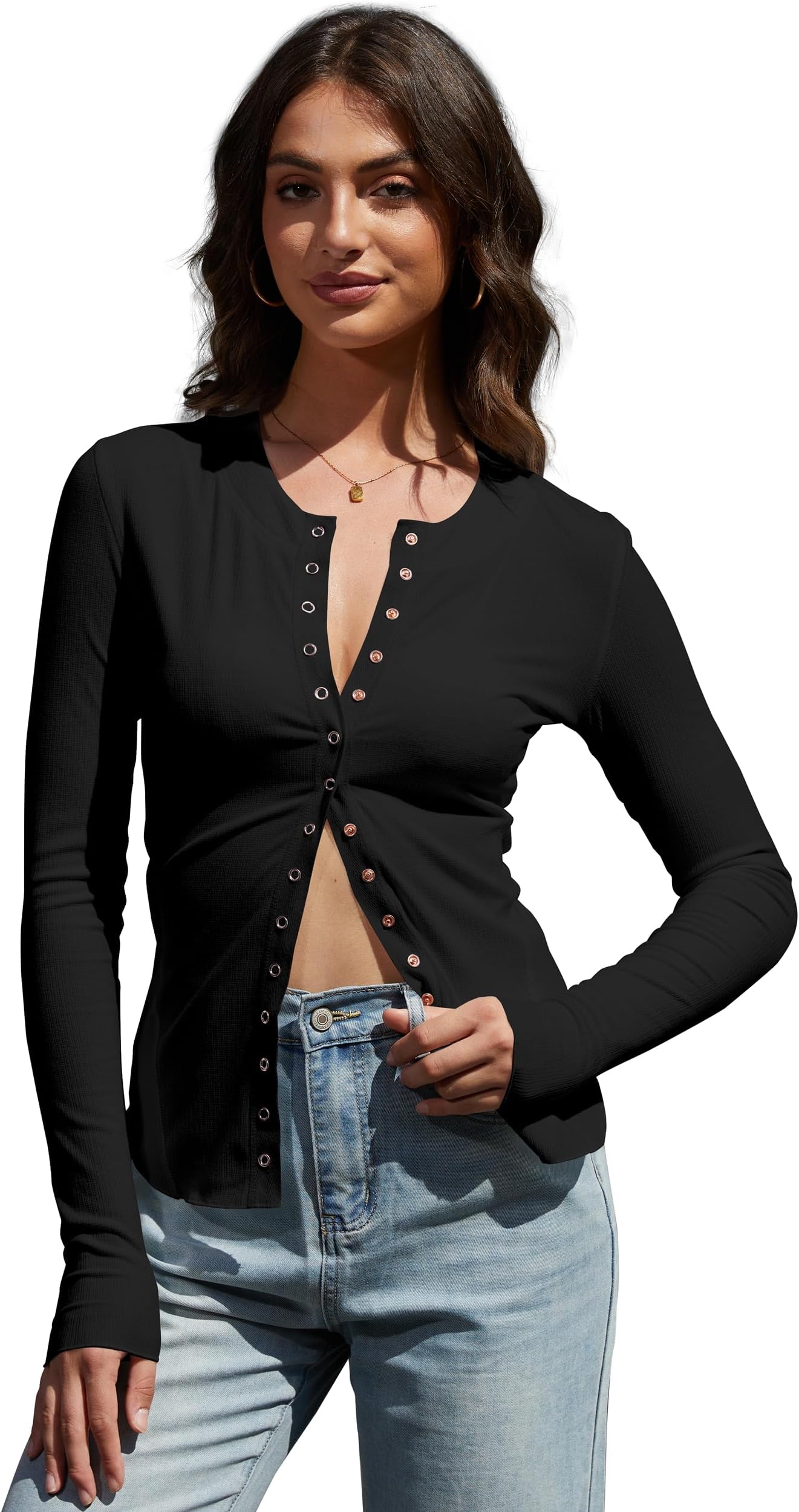 Cardigan for Women Lightweight Y2K Snap Button Down Shirts Ribbed Knit Long Sleeve Tops Slim Fit Going Out Tops