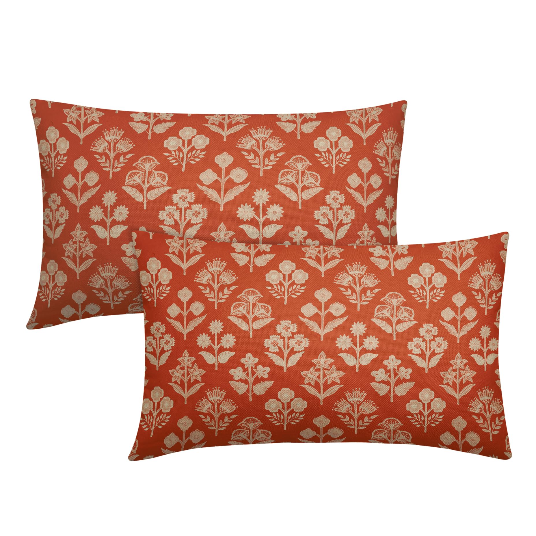 Dark Orange Pillow Covers 12x20 Inch Set of 2, Cream Floral Block Print Pattern Lumbar Decorative Throw Pillowcases Outdoor Farmhouse Rectangle