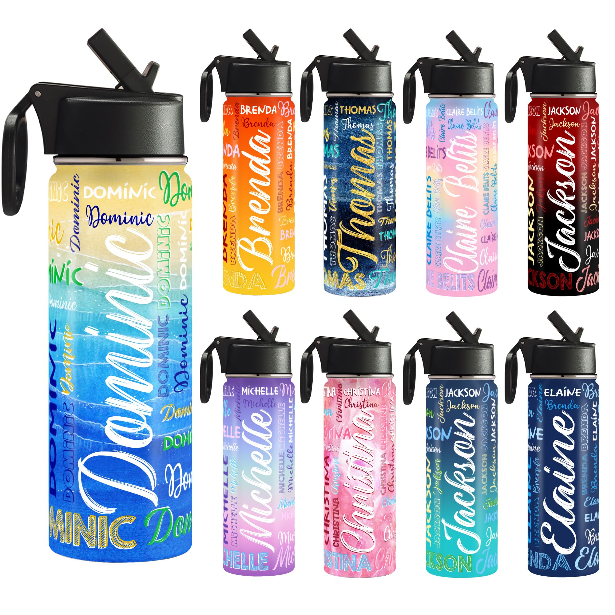 Personalized Water Bottle For Kids with Straw Lid, 18 oz/32 oz Custom Stainless Steel Sports Water Bottle with Picture Name or Text-Double Wall Vacuum