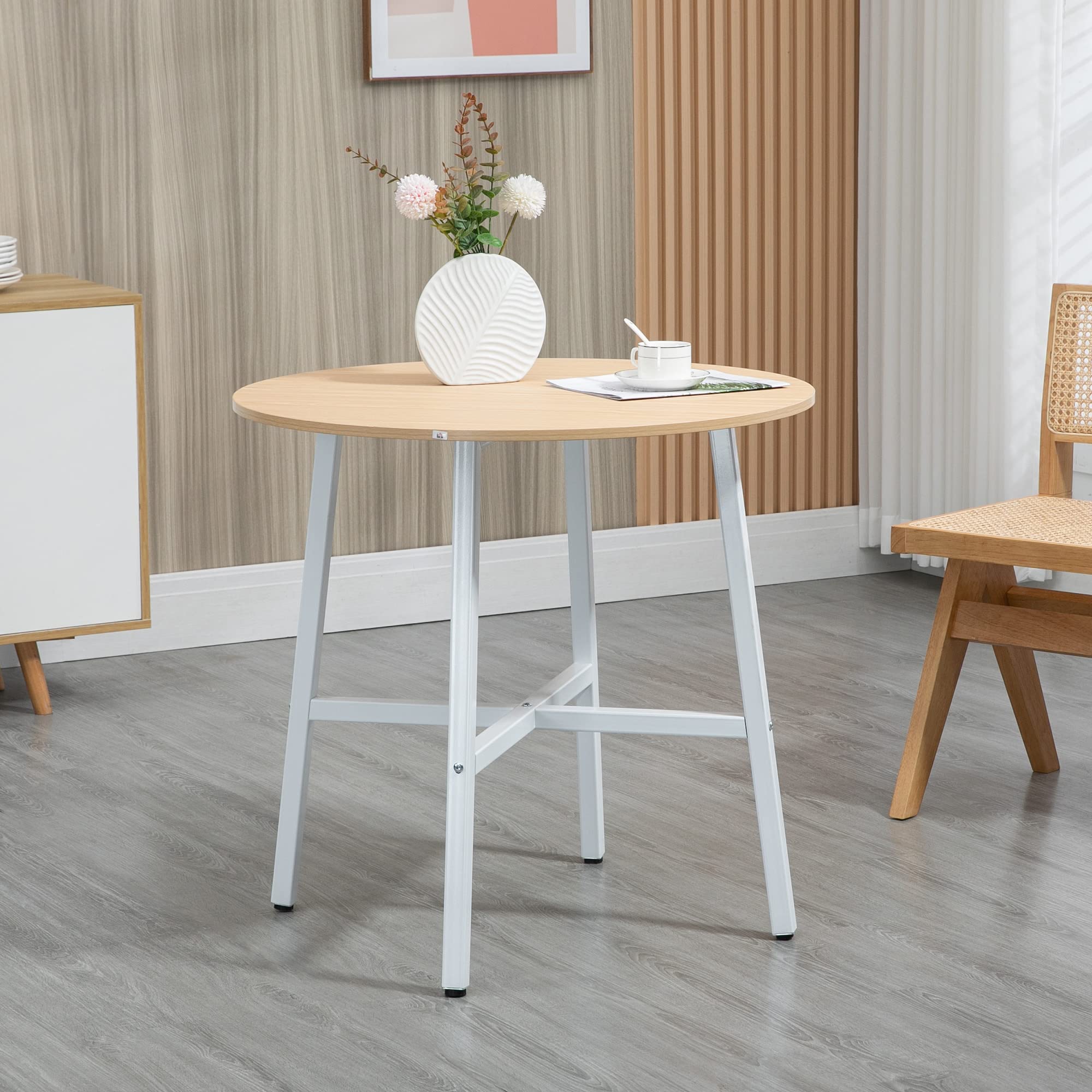 HOMCOM Mesa de Comedor Redonda 4 Personas Ø80x76 cm Natural y Blanco | Mesa de Cocina, Patas de Acero, Salón, Oficina