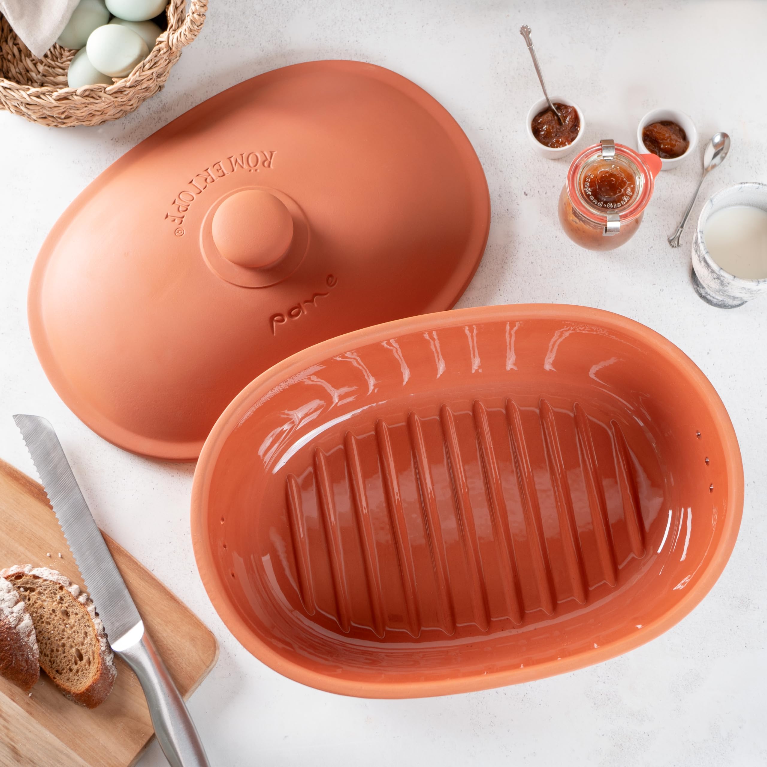 Römertopf Panera de barro cerámico, ideal para guardar pan y bollería de 30 x 21 cm, Terracota