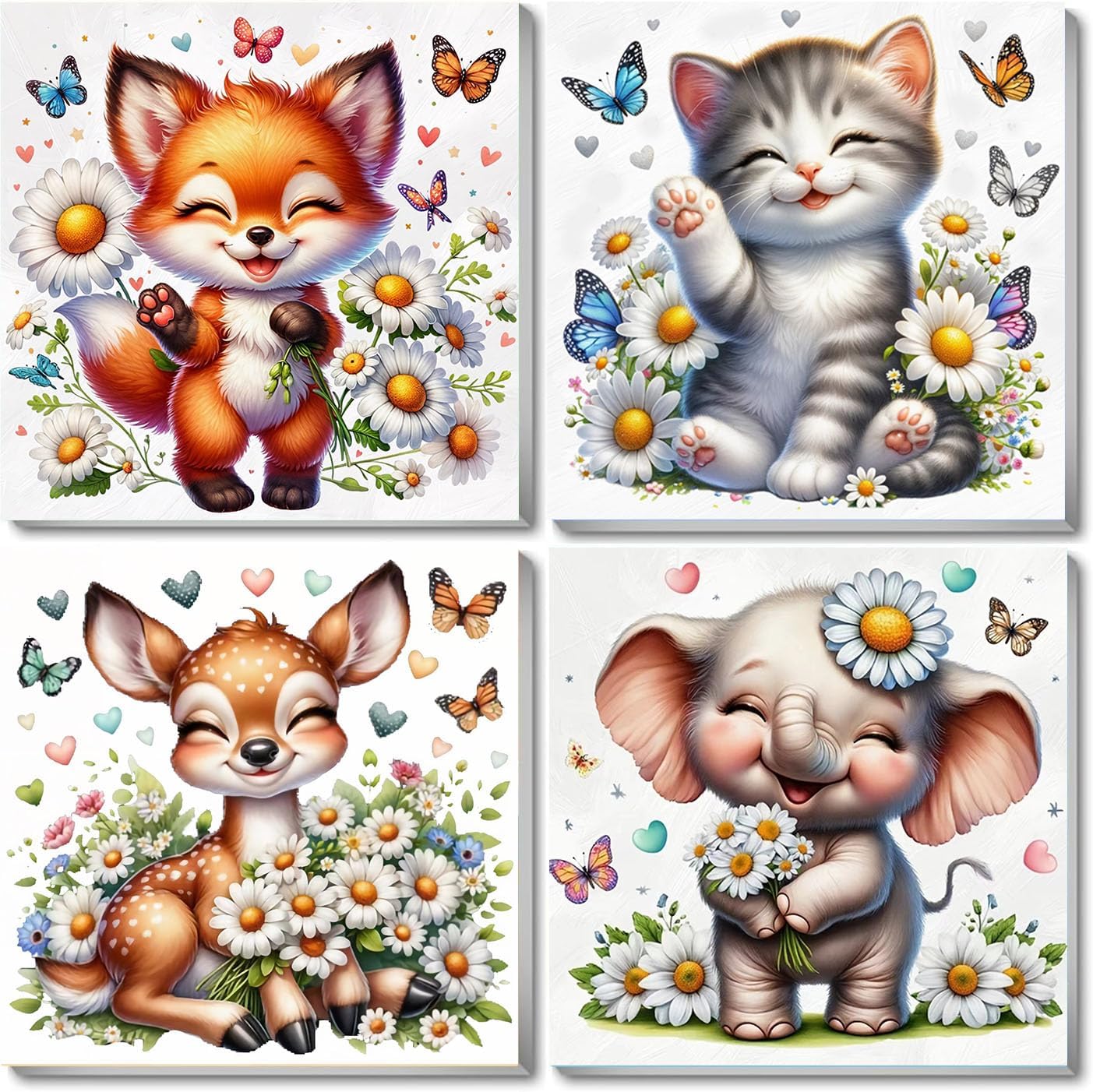 Viart 4 Pack Paint by Numbers for Children with Frame-Animal Paint by Numbers for Kids, Deer Elephant Fox Cat Kids' Painting by Numbers with Frame Canvas for Gift and Home Decor (8x8inch)