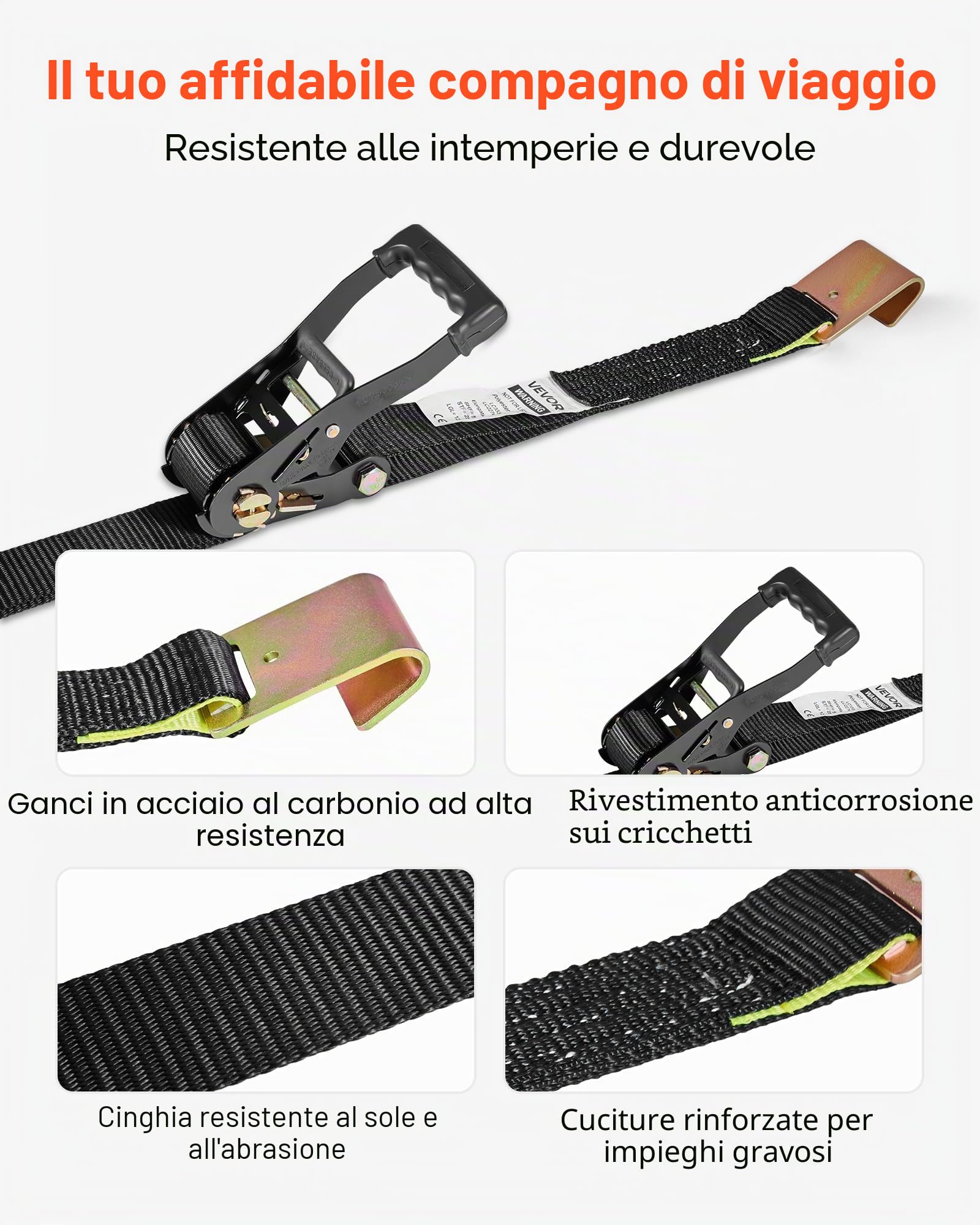 VEVOR Cinghie di Fissaggio per Ruote 50,8 x 3048 mm con Gancio Piatto Forza alla Trazione di 4540 kg, Sistema di Tensionamento per Pneumatici, Motociclette, SUV, Rimorchi, Nero
