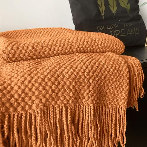 Miniatura 4 de LOMAO Manta de punto con borlas con textura de burbujas, manta ligera para funda de sofá, decoración del hogar (naranja, 50 x 60 pulgadas)
