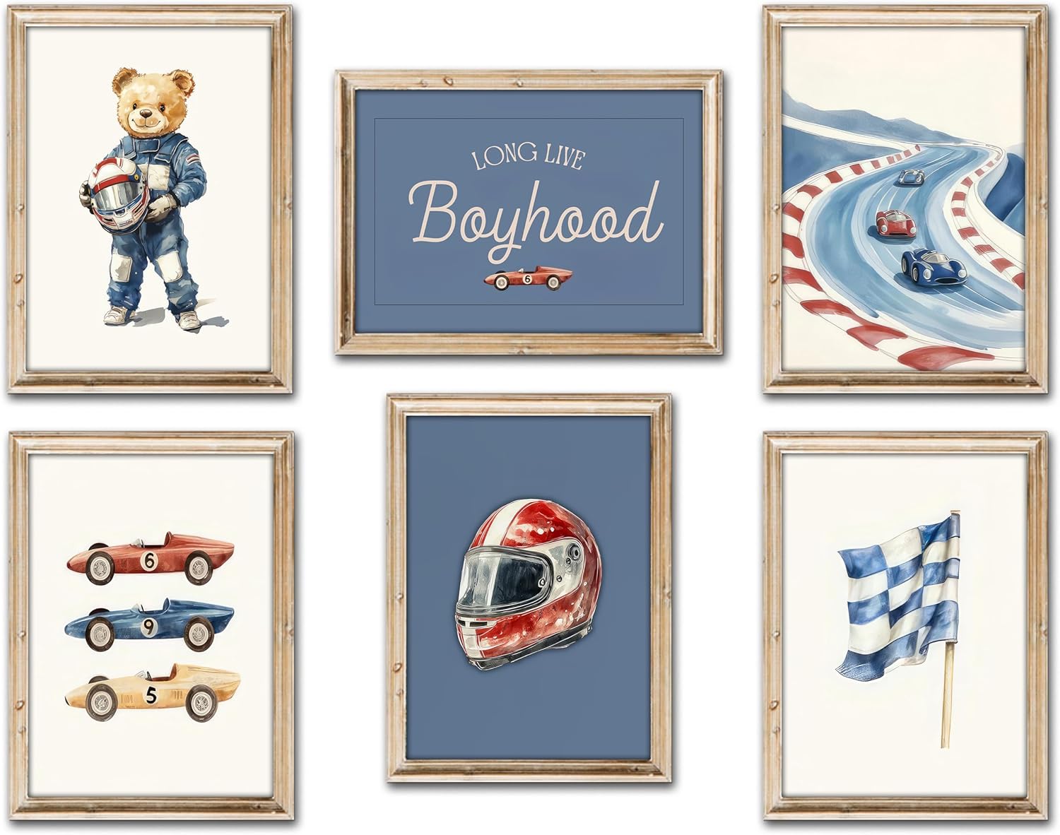 Set of 6 Nursery Race Car Wall Art Vintage Boys Room Wall Decor Navy Blue Vehicle Pictures Teddy Bear Poster Prints Racing Car Art for Boys Bedroom Playroom Home Decoration 12x16Inch Unframed