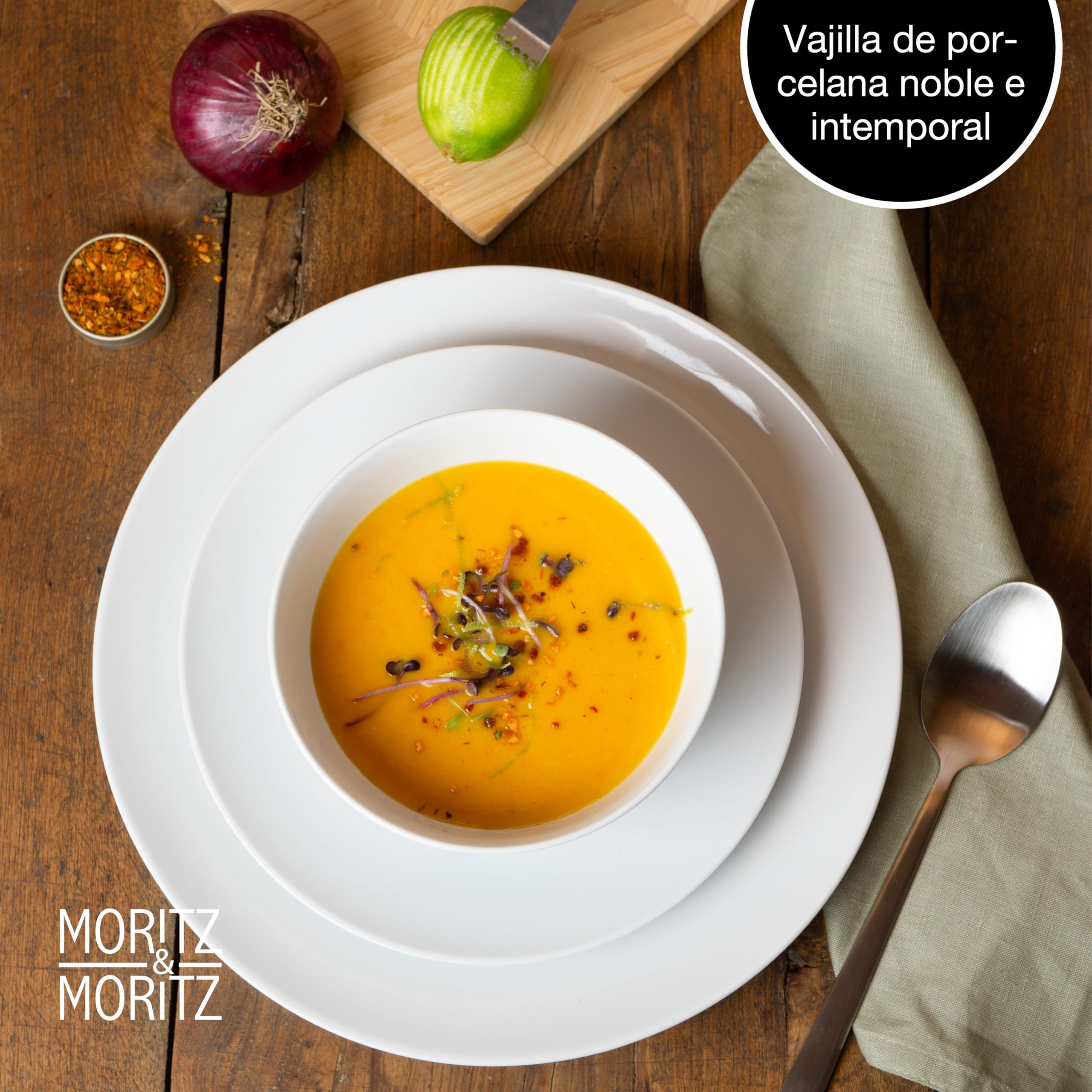Moritz & Moritz BASIC Set da 18 pezzi - de Porcelana en Blanco Clásico - Compuesta por 6 Platos Llanos, 6 Platos de Postre y 6 Cuencos