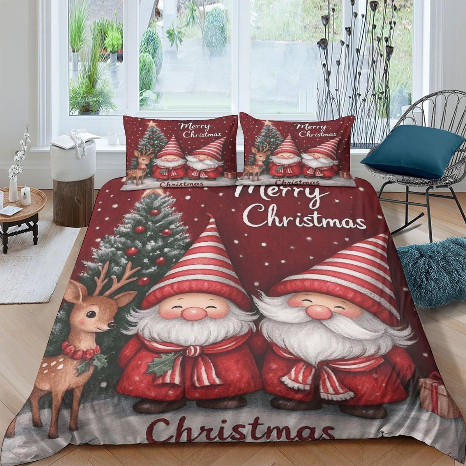 Ctjqhvkz Style-5 3D Printed Christmas Gnome Fitted Sheet Microfiber Red Reindeer Bed Cover Non Slip Soft For Bedroom Guest Room Single（135X200cm）