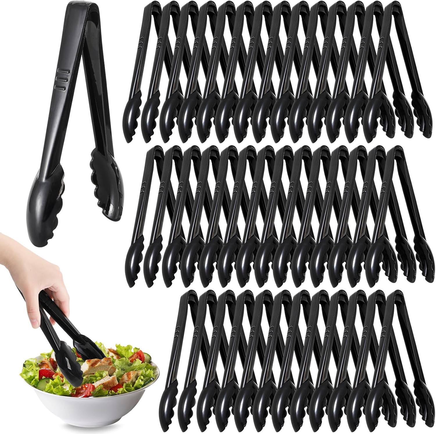 40 Pack Plastic Tongs for Serving, 9" Disposable Buffet Tong, Heavy Duty Scalloped Serving Utensil Tongs, Bulk Charcuterie Accessories for Party Events Catering Kitchen BBQ Ice Salad, Black
