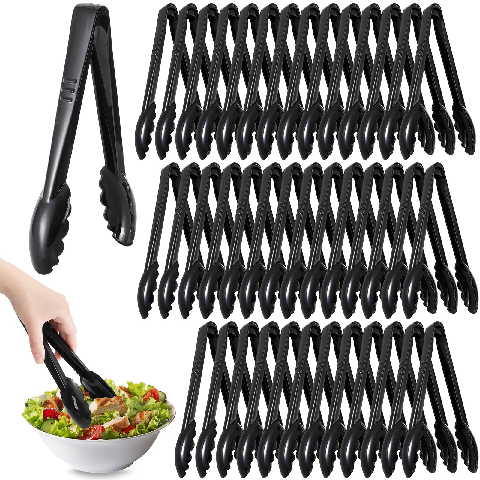 Confezione da 40 pinze in plastica usa e getta, 22,9 cm, resistenti e smerlate, accessori per salumi sfusi per feste, buffet, eventi, catering, cucina, barbecue, insalata di ghiaccio, nero