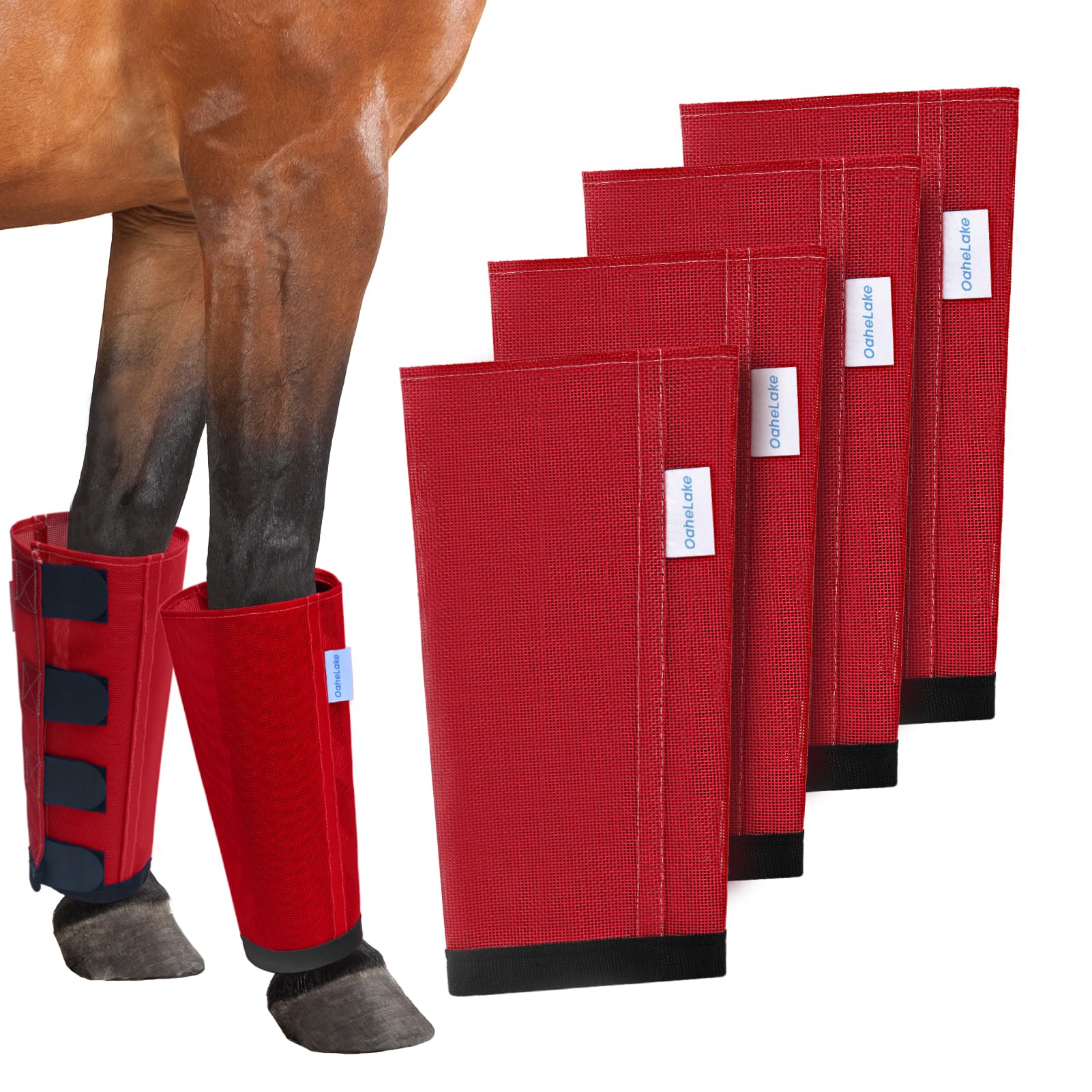 Mesh Horse Fly Boots Set of 4, Loose Fitting Leggings for Horses, Reduce Stressful Stomping, Breathable Adjustable and Universal Fit for 4 Legs, Reliable Stay Put (Red)